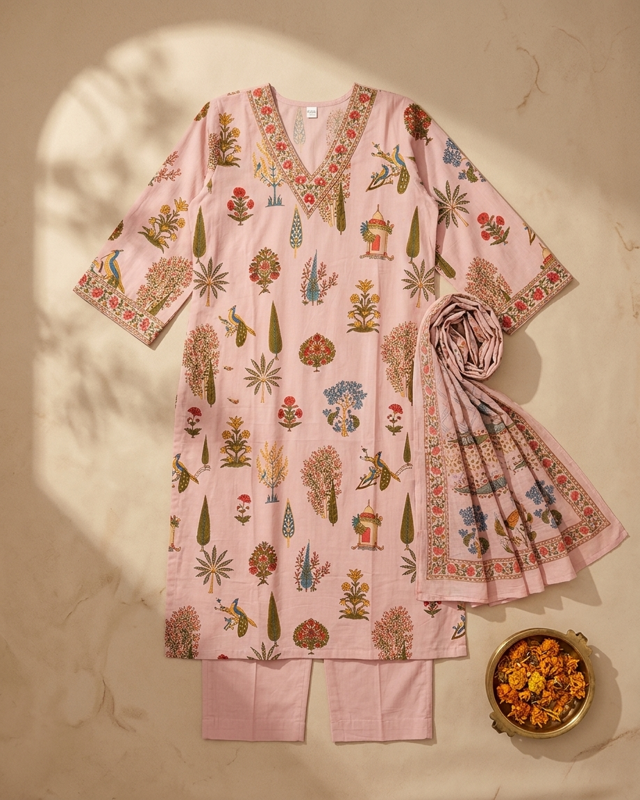 Pure Cotton Block Printed Suit Set | Traditional Floral & Botanical Motifs | Pink