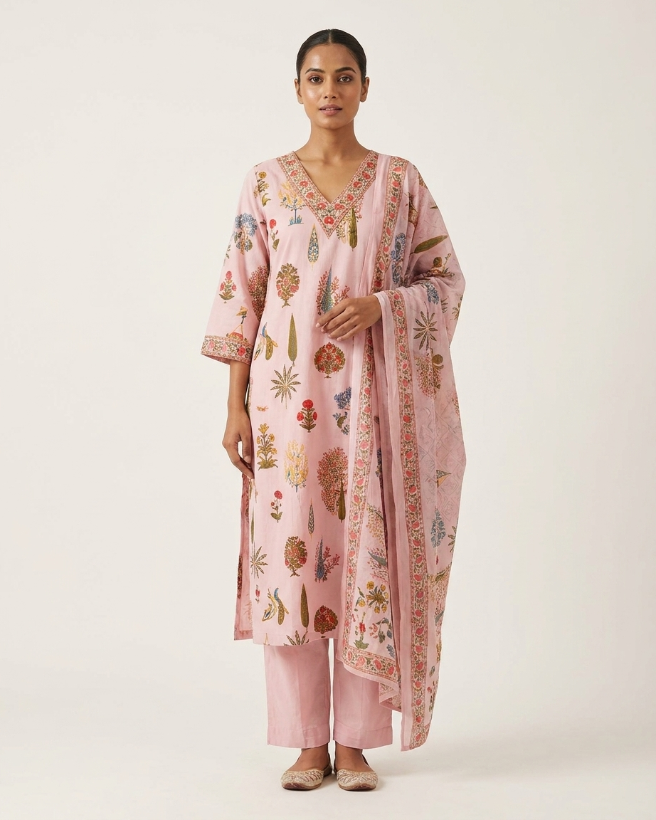 Pure Cotton Block Printed Suit Set | Traditional Floral & Botanical Motifs | Pink