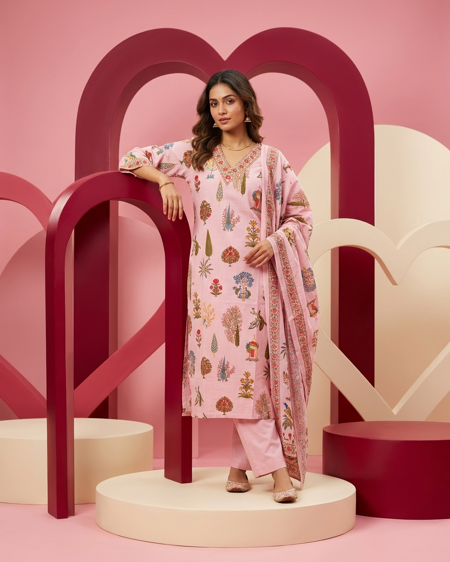 Pure Cotton Block Printed Suit Set | Traditional Floral & Botanical Motifs | Pink