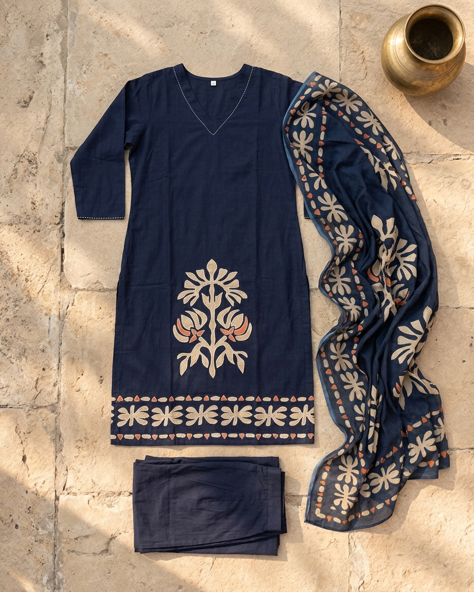 Pure Cotton Navy Blue Suit Set with Appliqué Pattern | Contemporary Ethnic Wear