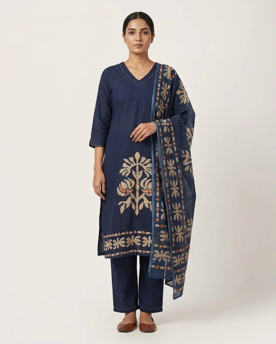 Pure Cotton Navy Blue Suit Set with Appliqué Pattern | Contemporary Ethnic Wear