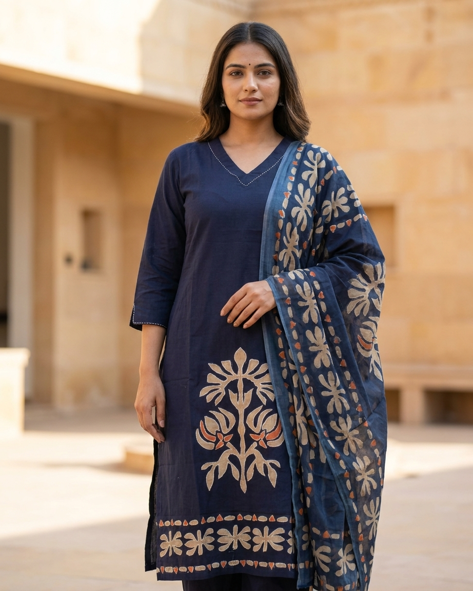 Pure Cotton Navy Blue Suit Set with Appliqué Pattern | Contemporary Ethnic Wear