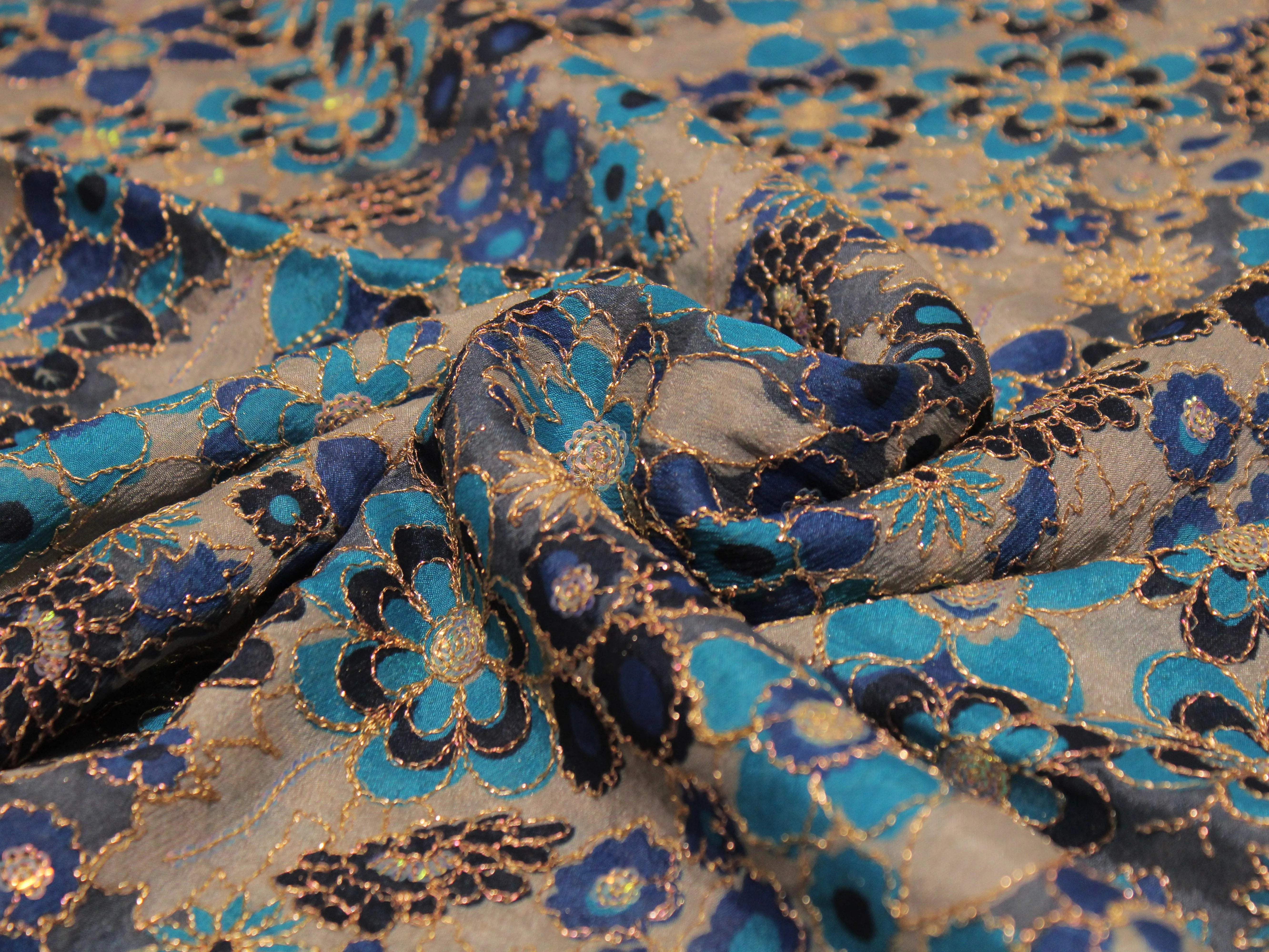 POSH : Digital Print with position work Chinon Fabric - Blue - M'Foks