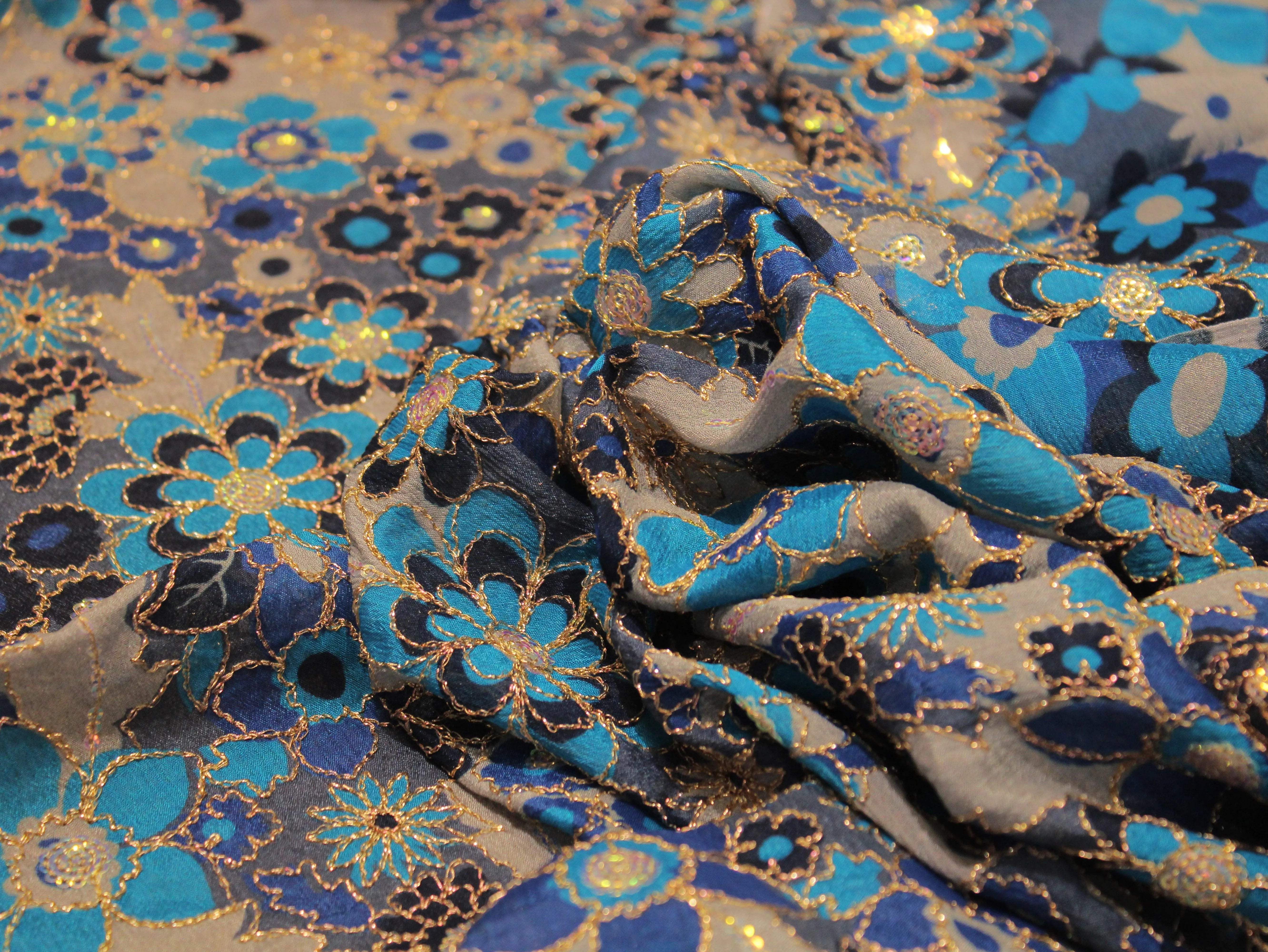 POSH : Digital Print with position work Chinon Fabric - Blue - M'Foks