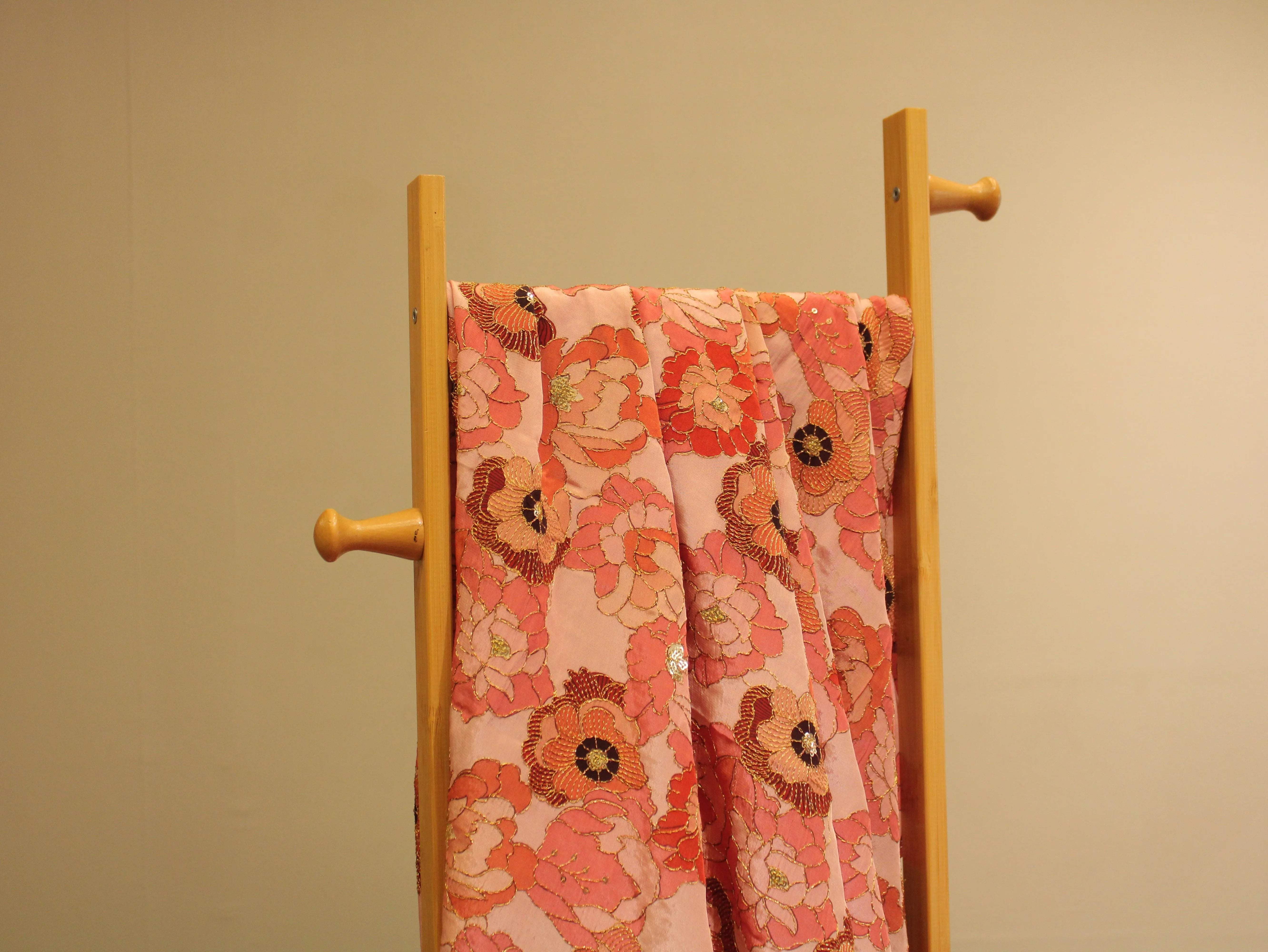 POSH : Digital Print with position work Natural Crepe Fabric - Peach - M'Foks