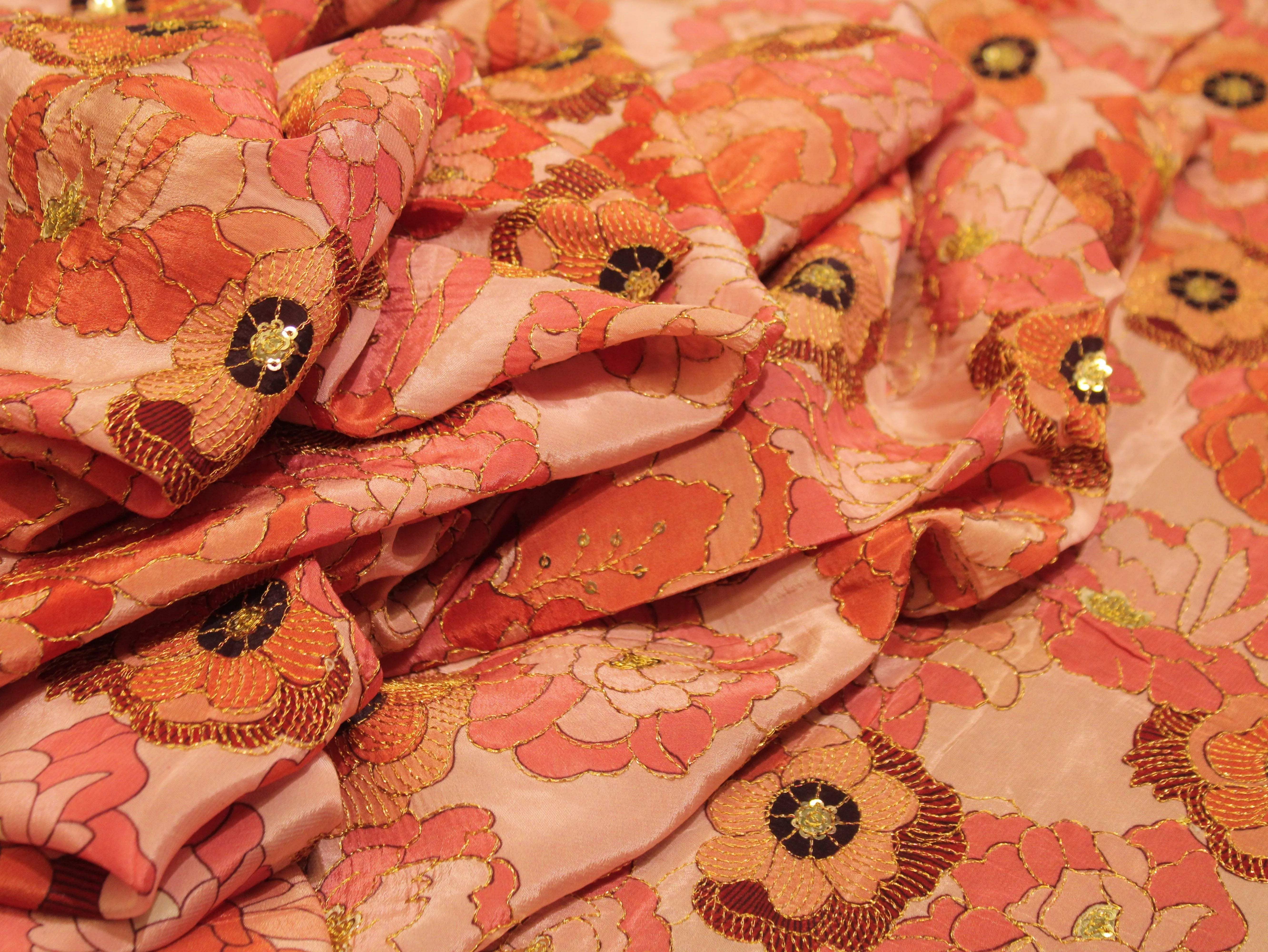 POSH : Digital Print with position work Natural Crepe Fabric - Peach - M'Foks