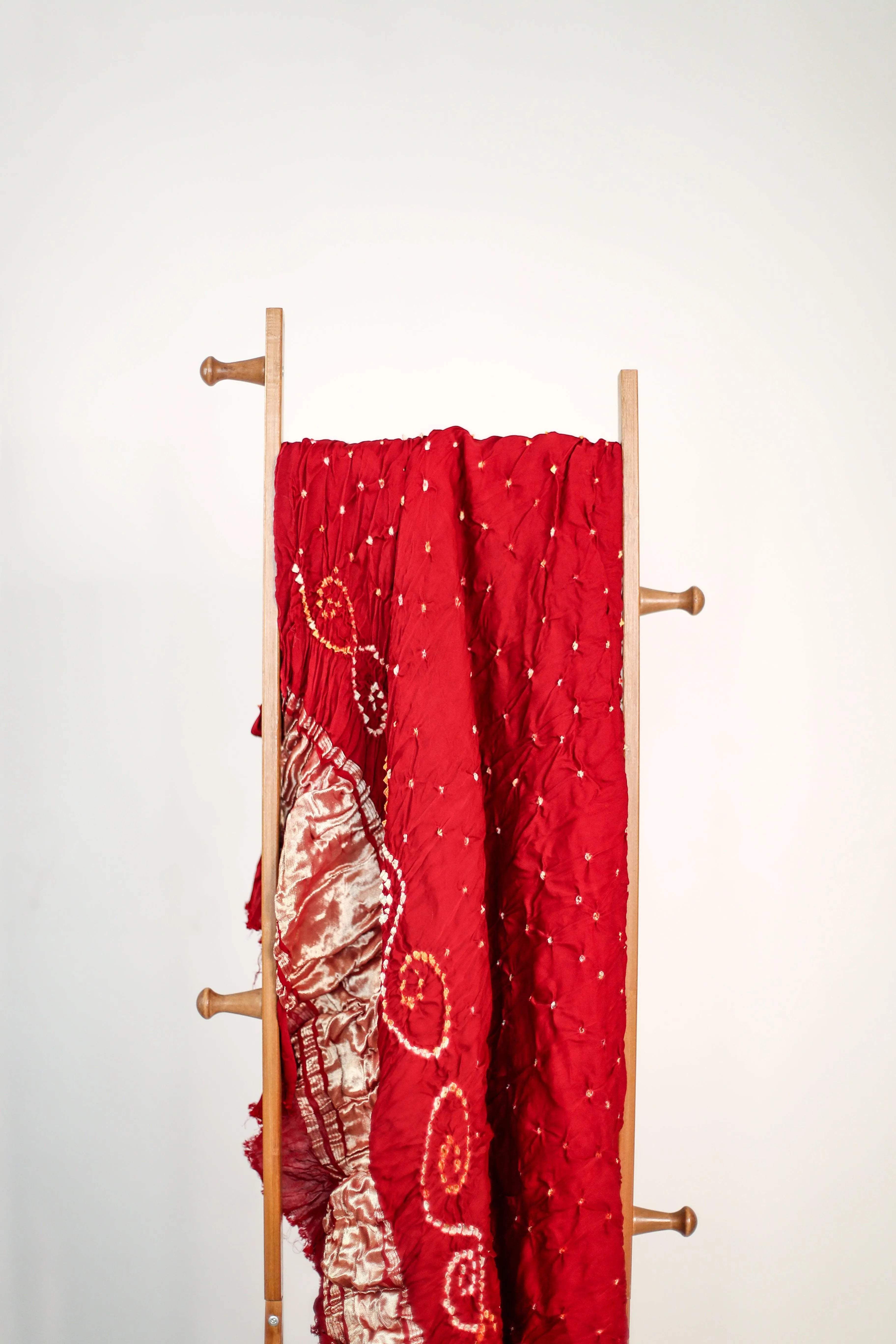 Pure Gaji Silk Hand Bandejh Dupatta/Stole - Pure Red - M'Foks