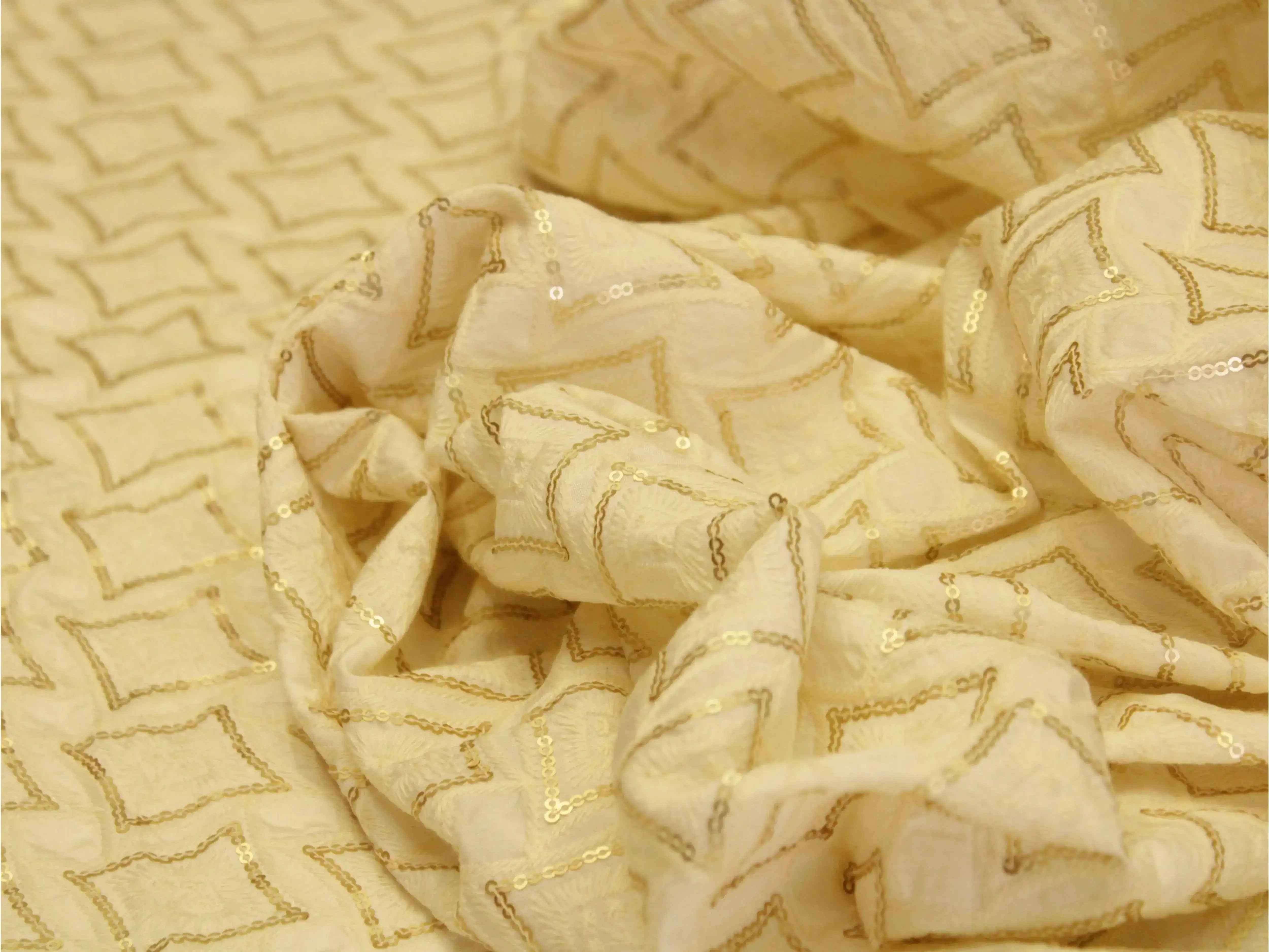 Raw Silk Thread & Sequin Work Fabric - White Dyeable