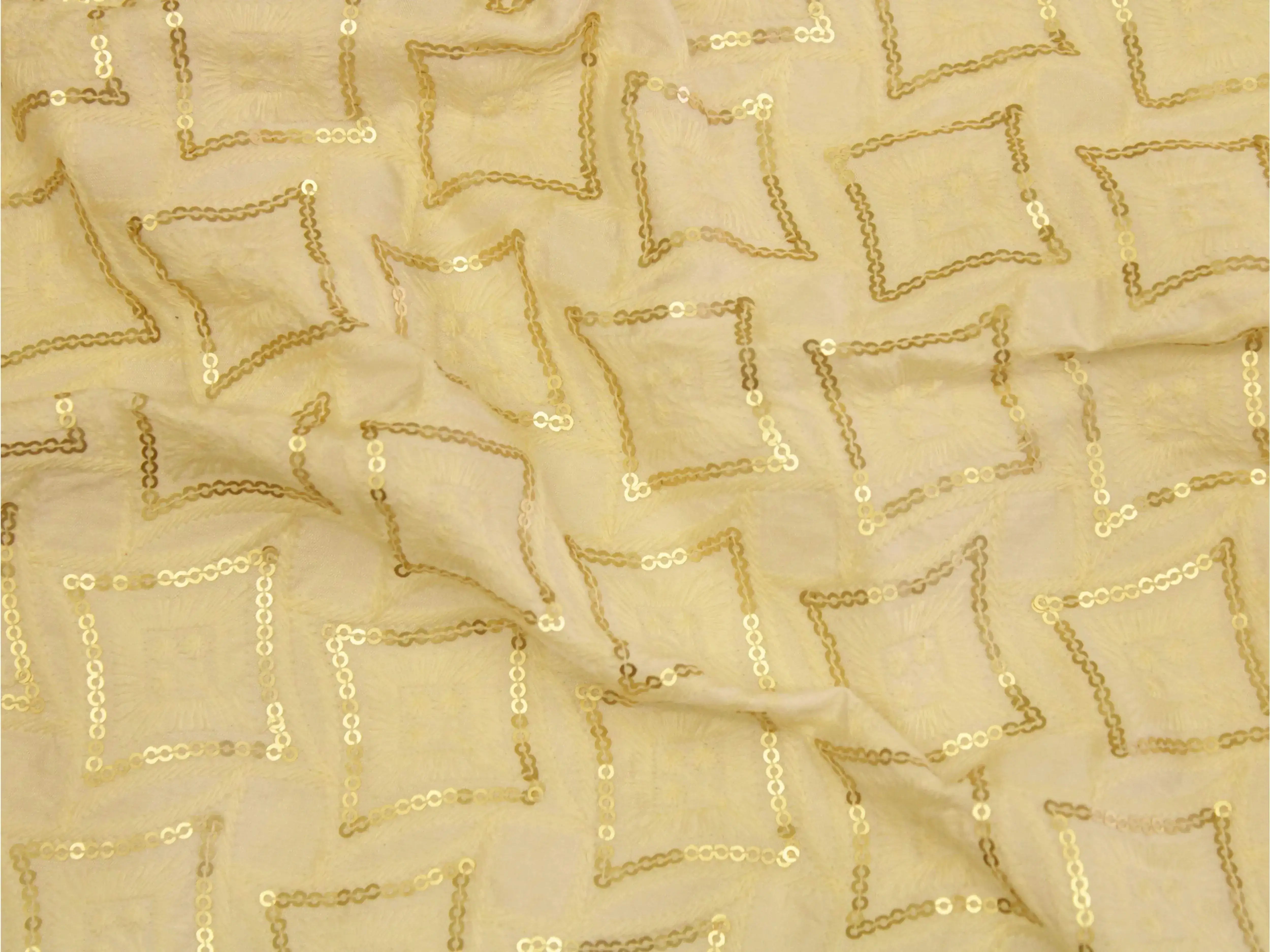 Raw Silk Thread & Sequin Work Fabric - White Dyeable - M'Foks