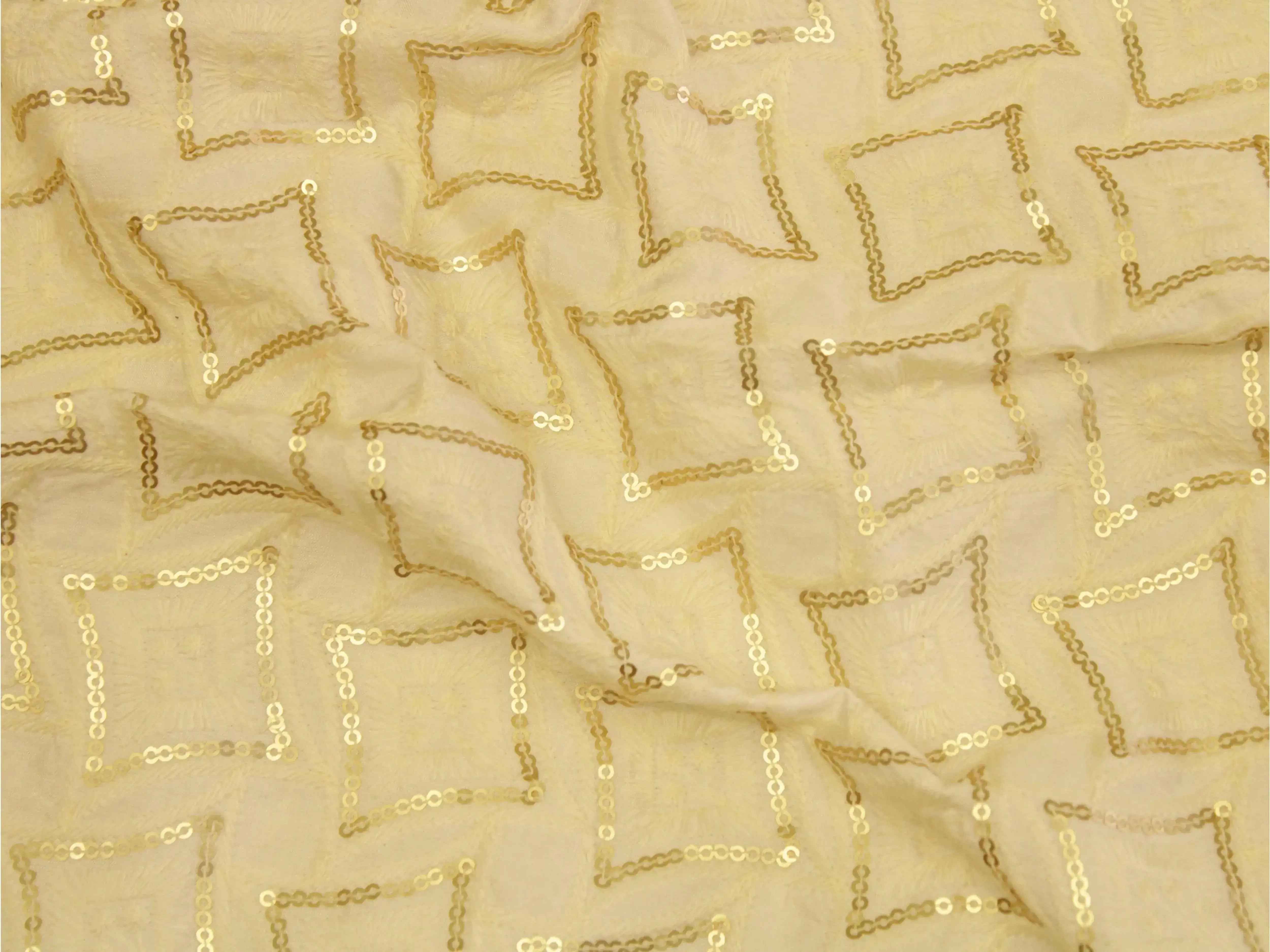 Raw Silk Thread & Sequin Work Fabric - White Dyeable