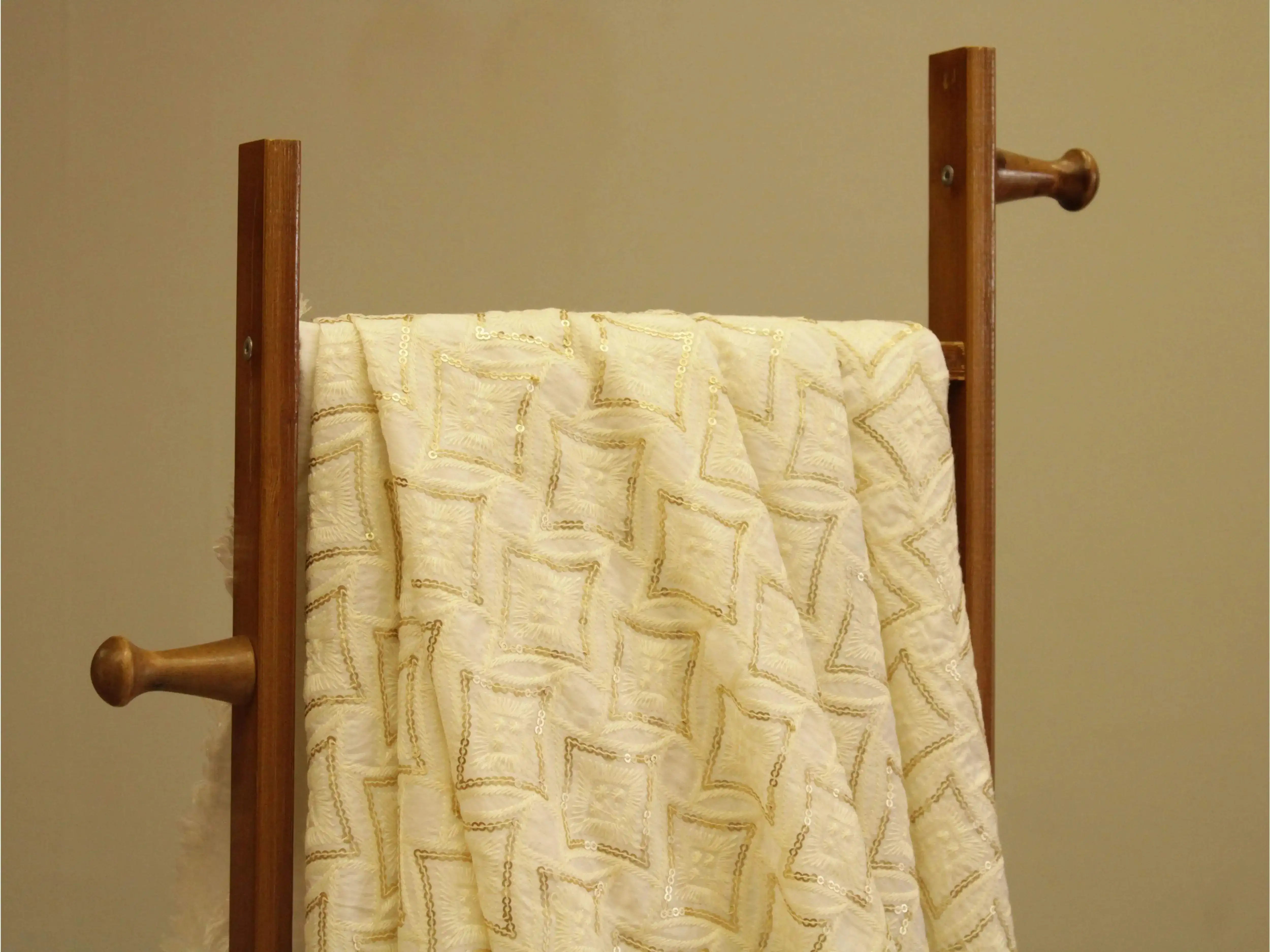Raw Silk Thread & Sequin Work Fabric - White Dyeable - M'Foks