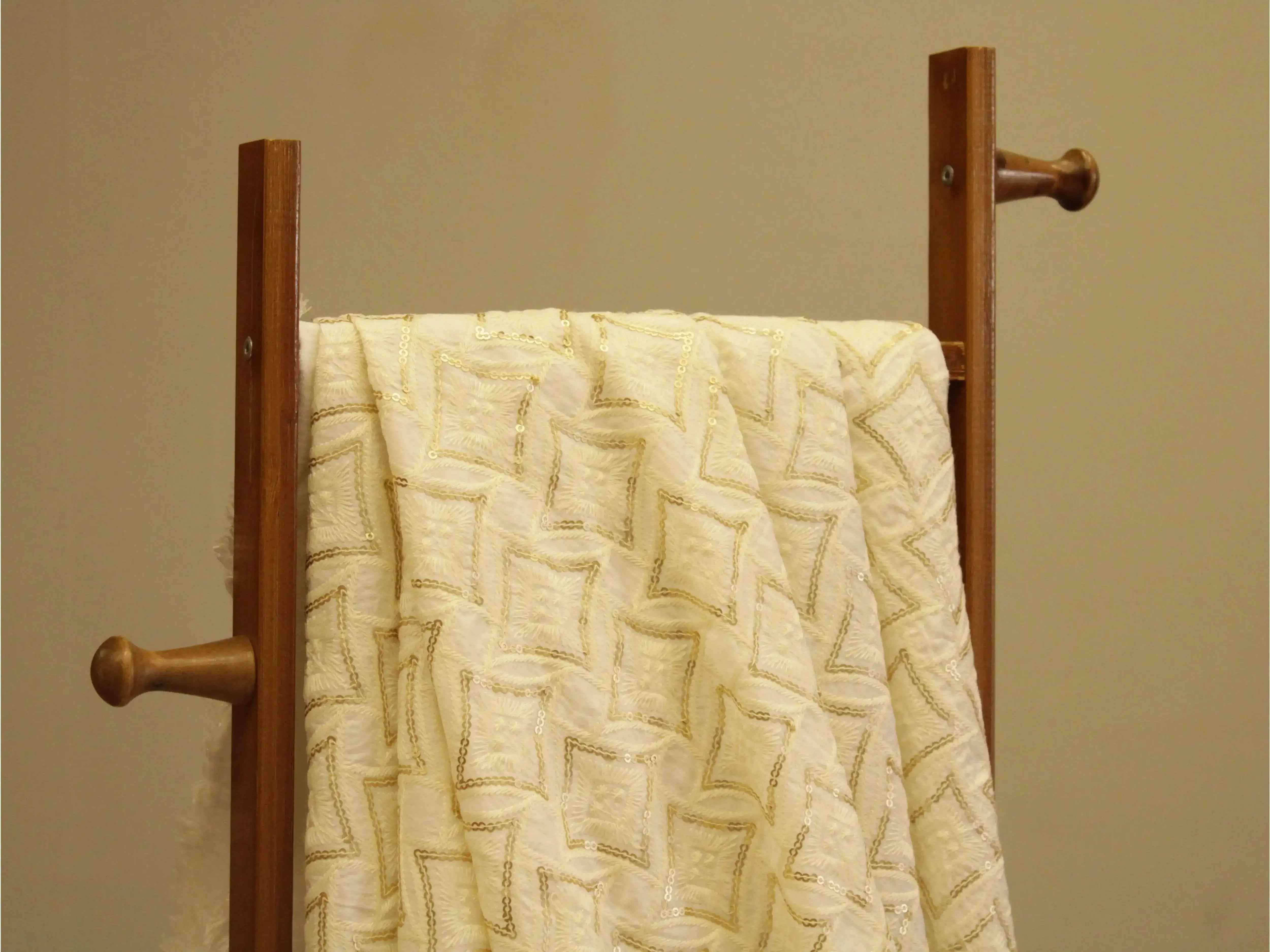 Raw Silk Thread & Sequin Work Fabric - White Dyeable