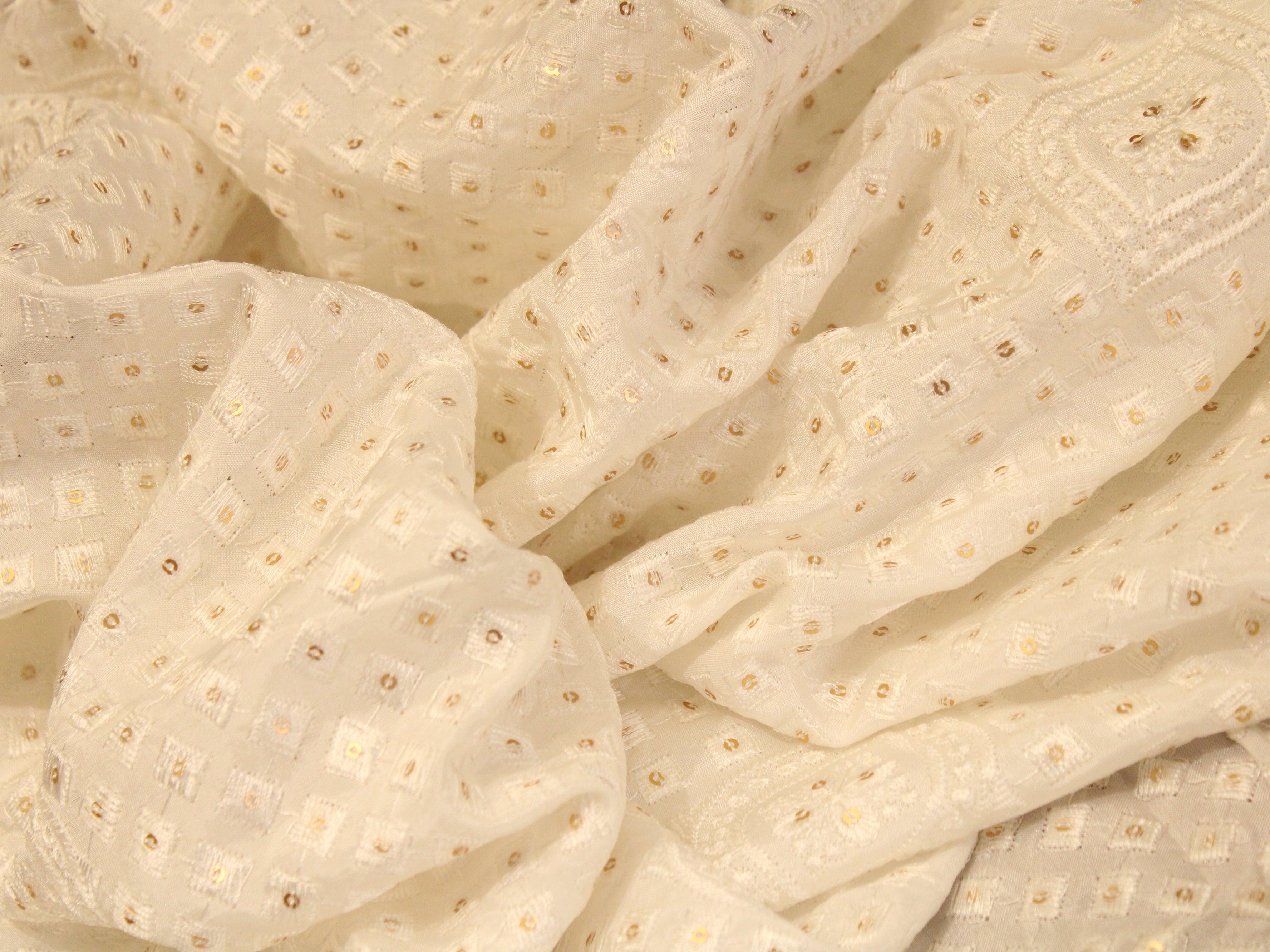Sequin Upada Work Fabric - White Dyeable - M'Foks