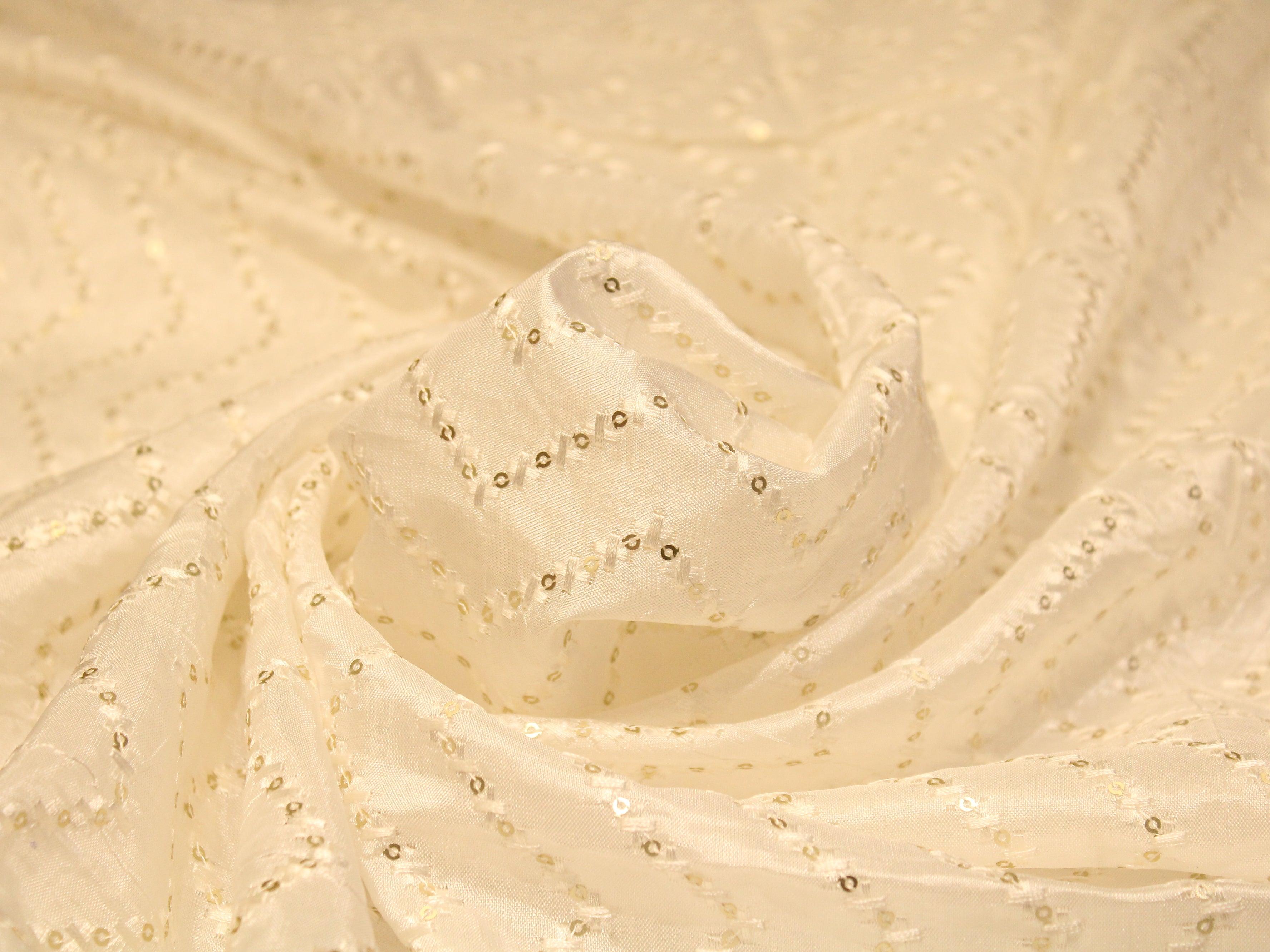 Sequin Upada Zigzag Work Fabric - White Dyeable - M'Foks