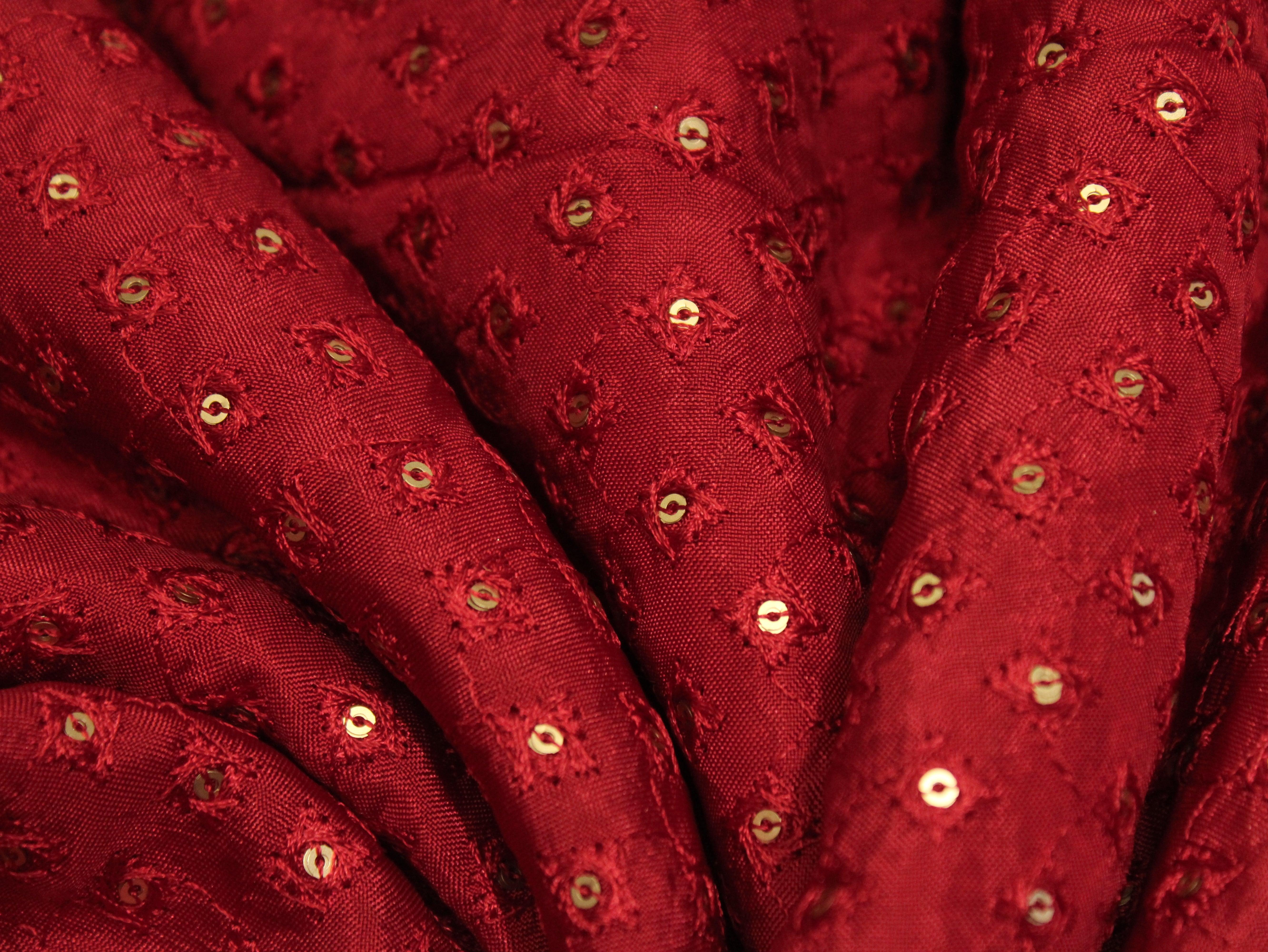 Upada Silk : Micro Thread & Sequin Work Fabric - Blood Red - M'Foks