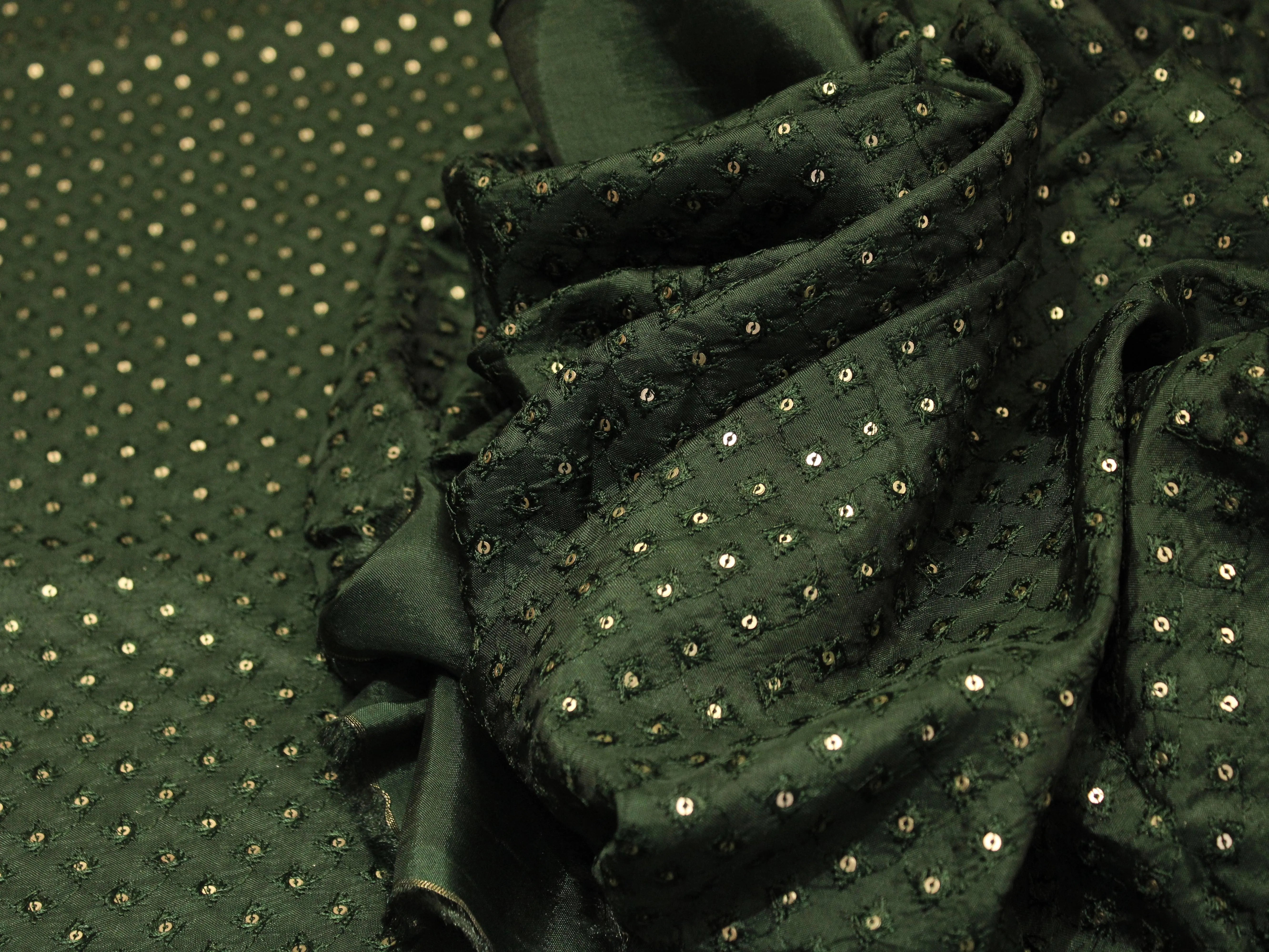 Upada Silk : Micro Thread & Sequin Work Fabric - Dark Green - M'Foks