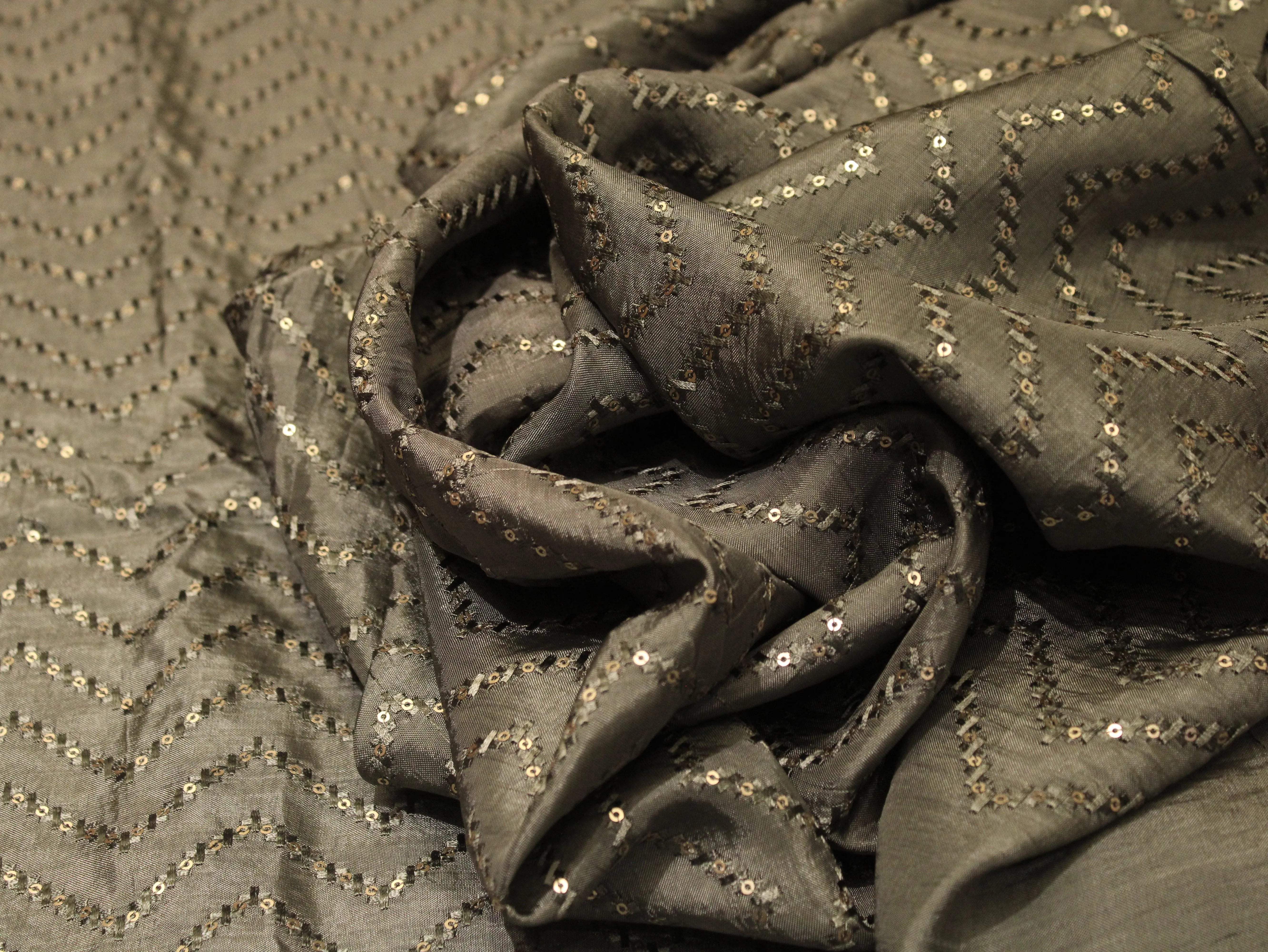 Upada Silk : Micro Thread & Sequin Work Fabric - Grey - M'Foks