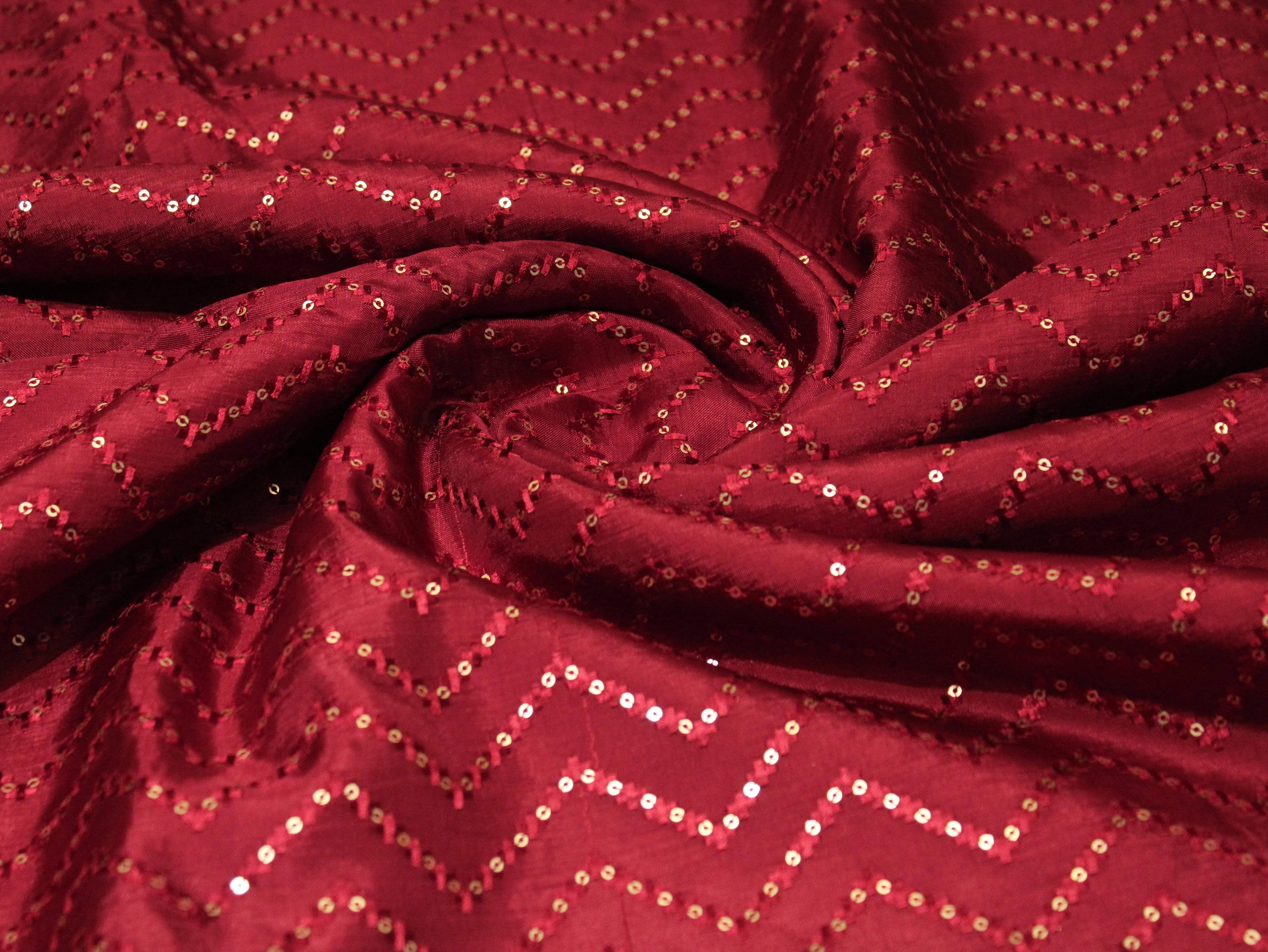 Upada Silk : Micro Thread & Sequin Work Fabric - Maroon - M'Foks