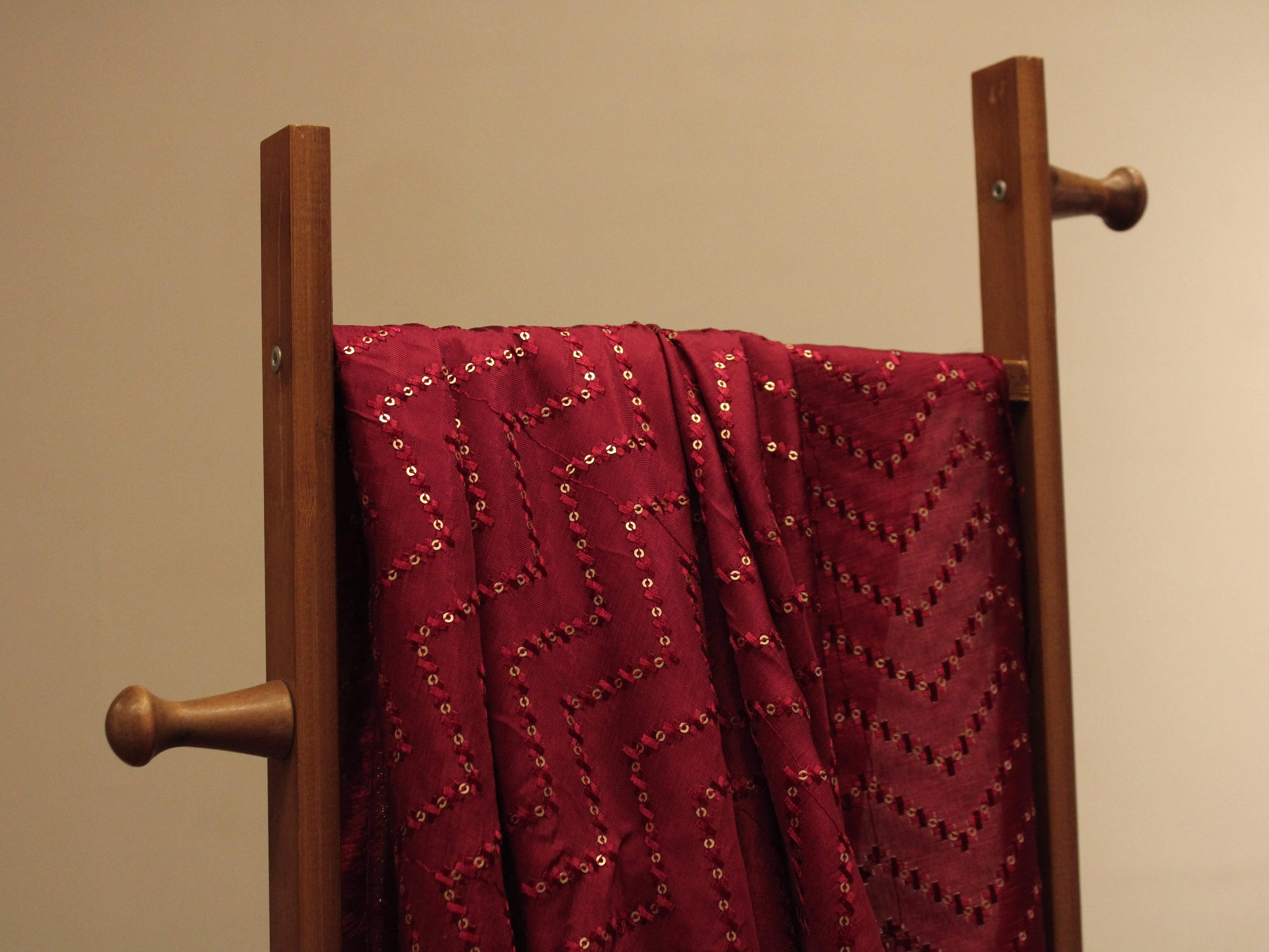 Upada Silk : Micro Thread & Sequin Work Fabric - Maroon - M'Foks
