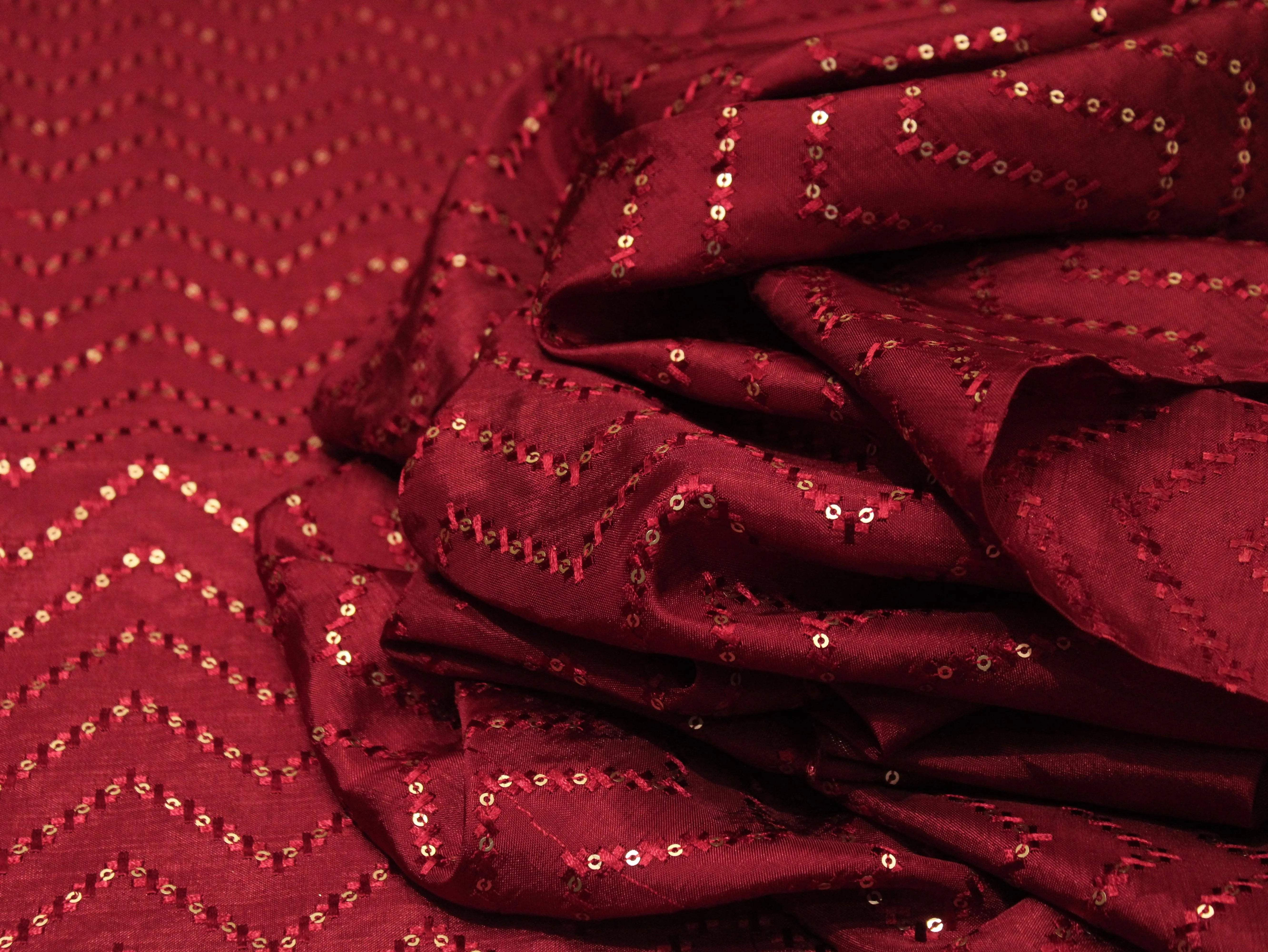 Upada Silk : Micro Thread & Sequin Work Fabric - Maroon - M'Foks