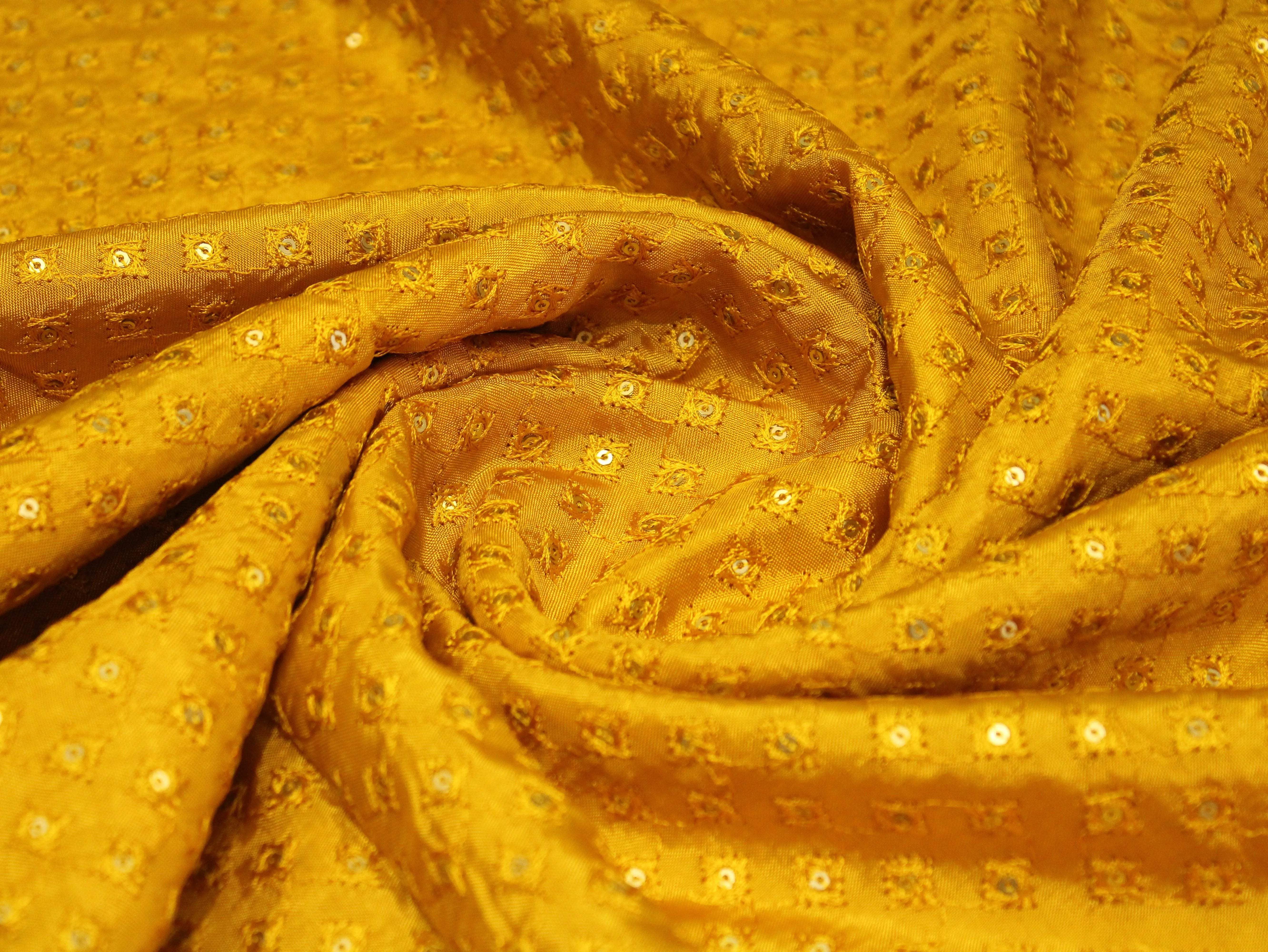 Upada Silk : Micro Thread & Sequin Work Fabric - Mustard Yellow - M'Foks