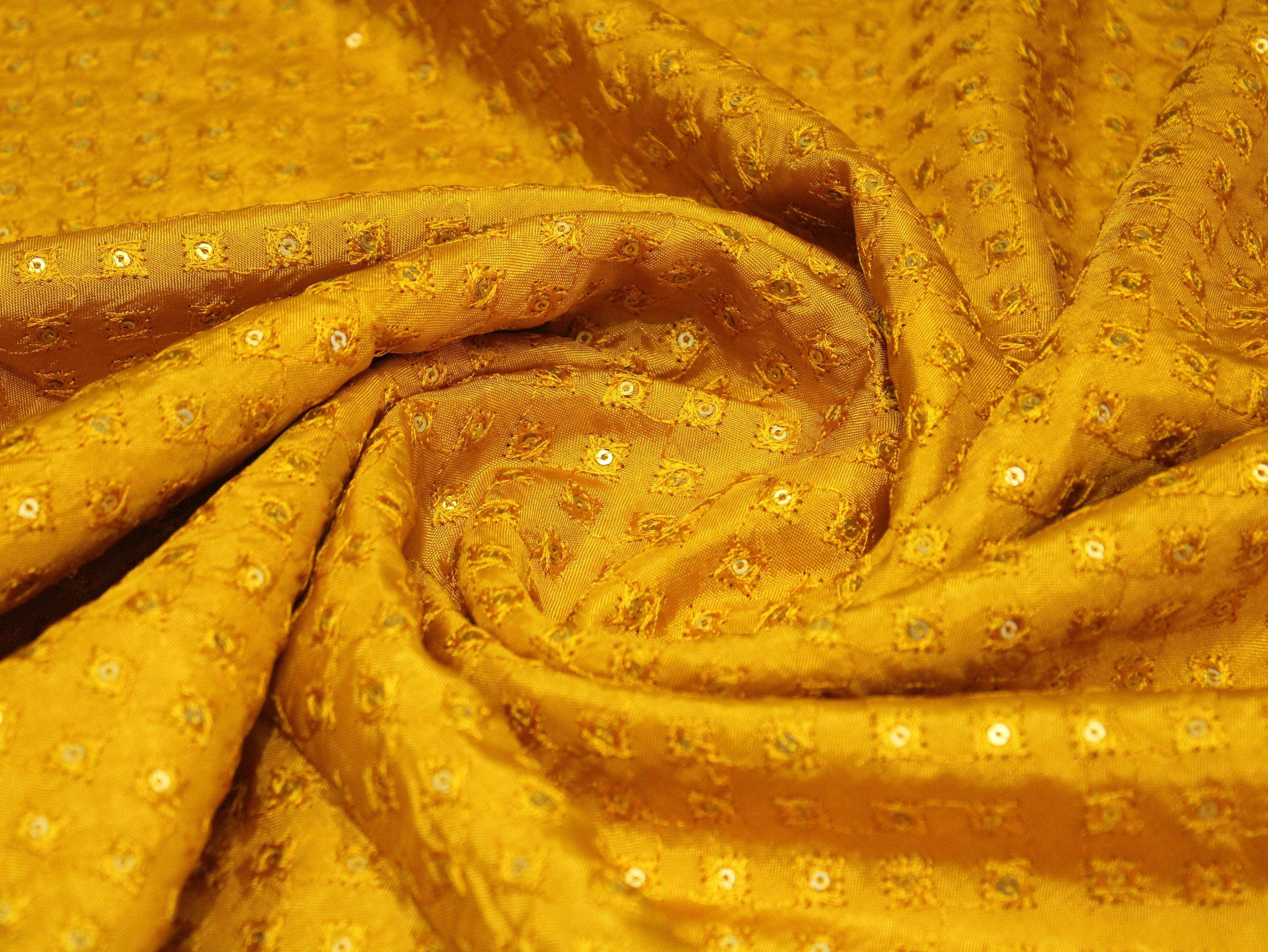 Upada Silk : Micro Thread & Sequin Work Fabric - Mustard Yellow