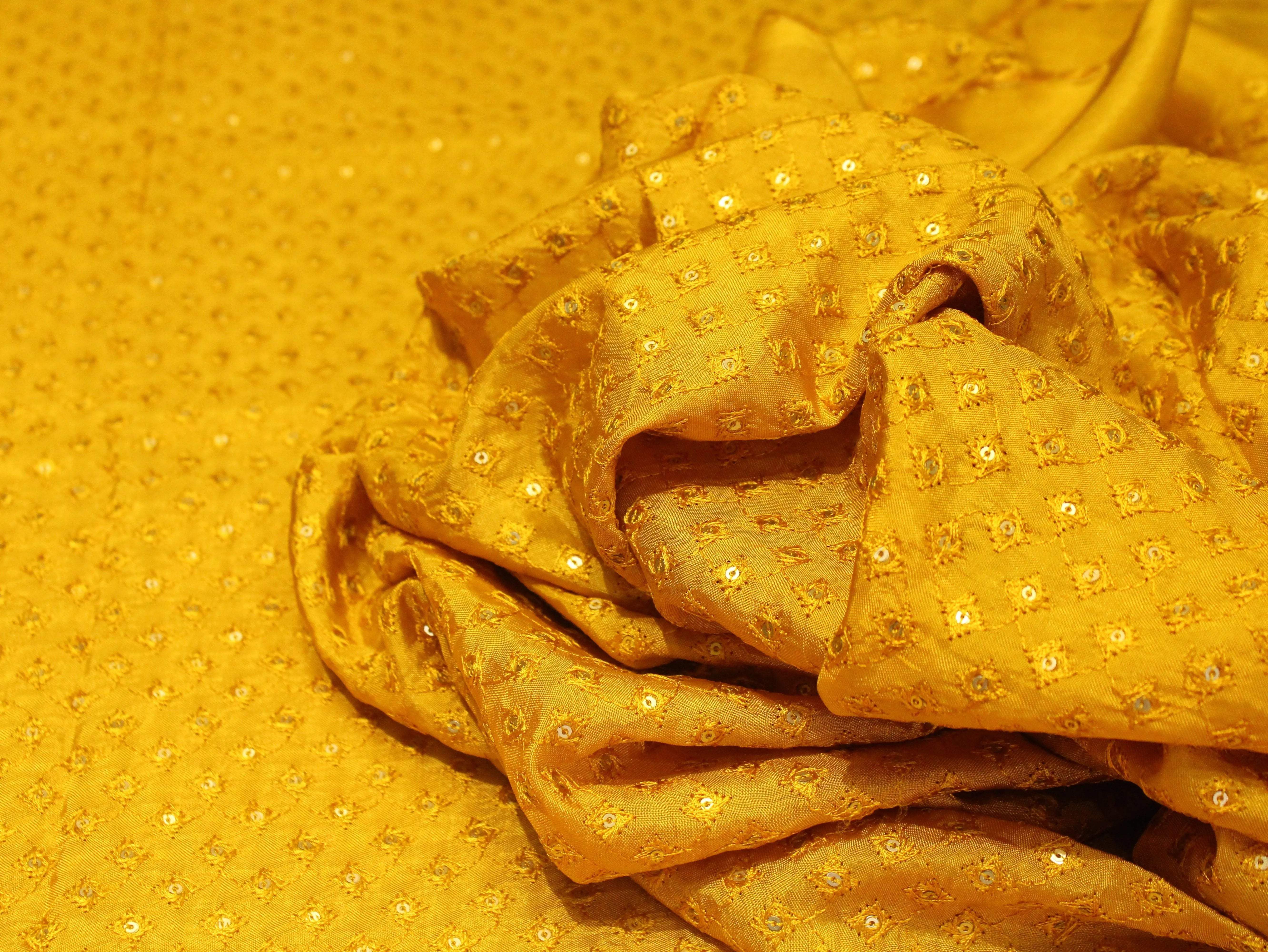 Upada Silk : Micro Thread & Sequin Work Fabric - Mustard Yellow - M'Foks