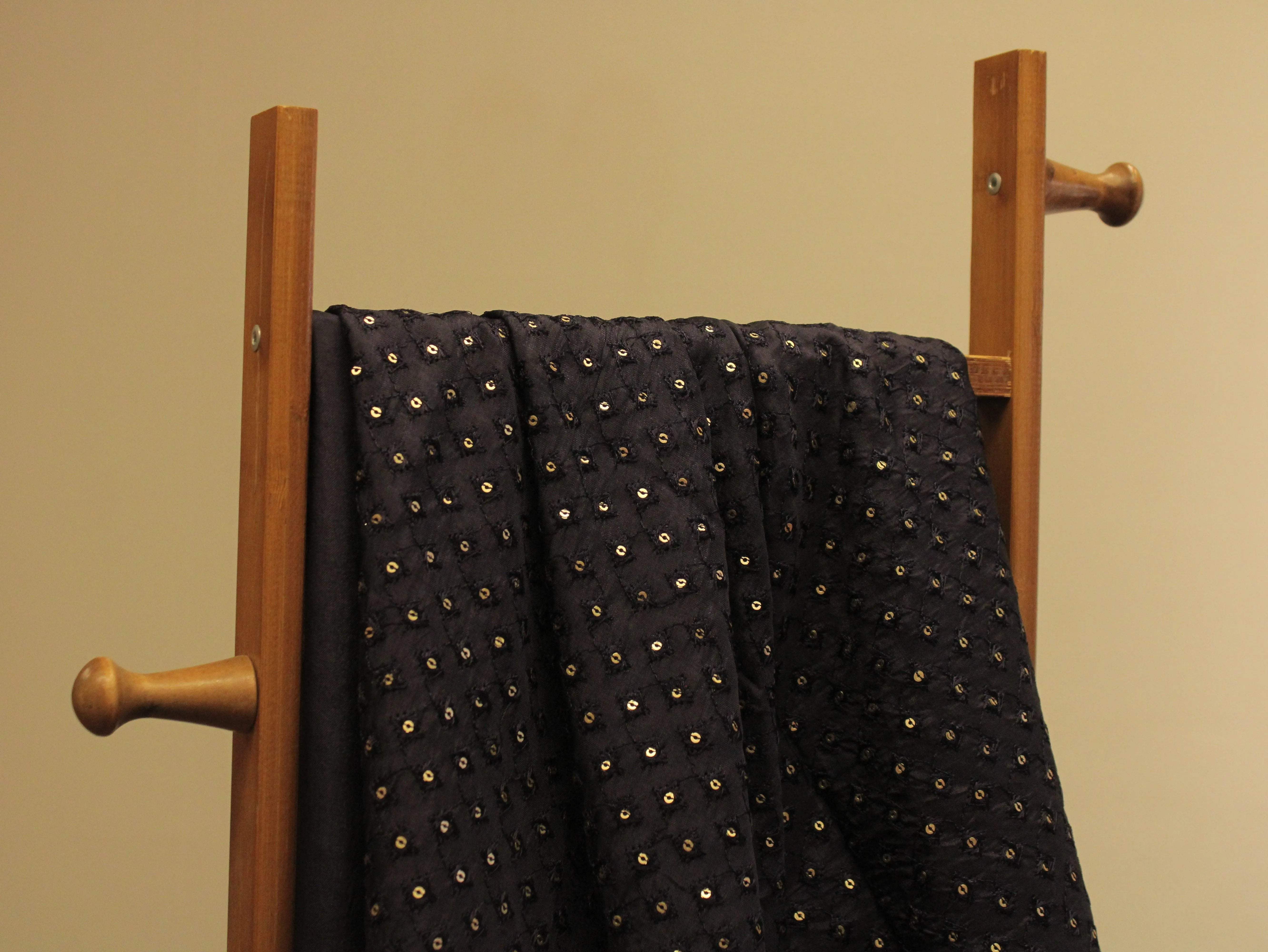 Upada Silk : Micro Thread & Sequin Work Fabric - Navy Blue - M'Foks