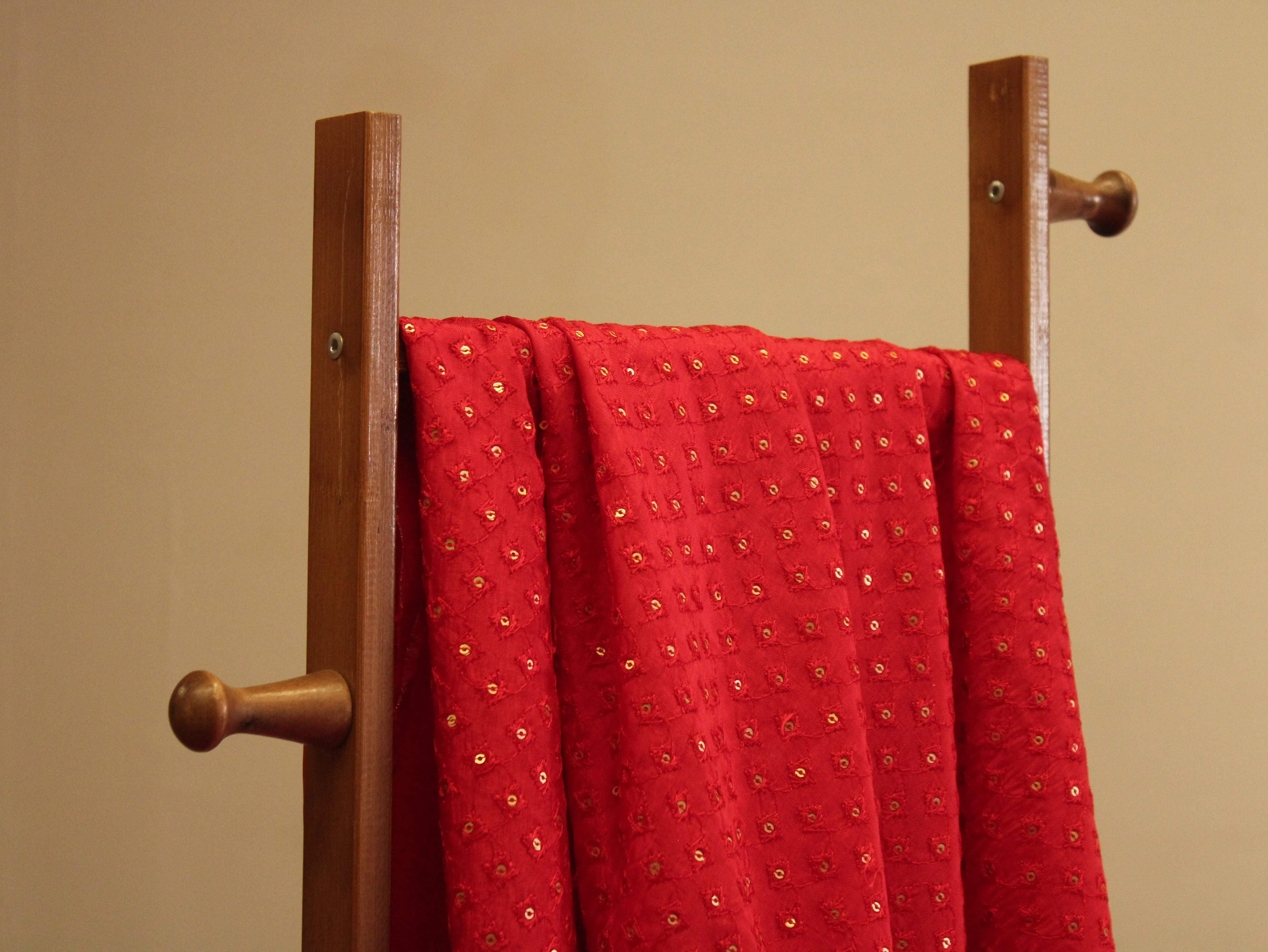 Upada Silk : Micro Thread & Sequin Work Fabric - Red - M'Foks
