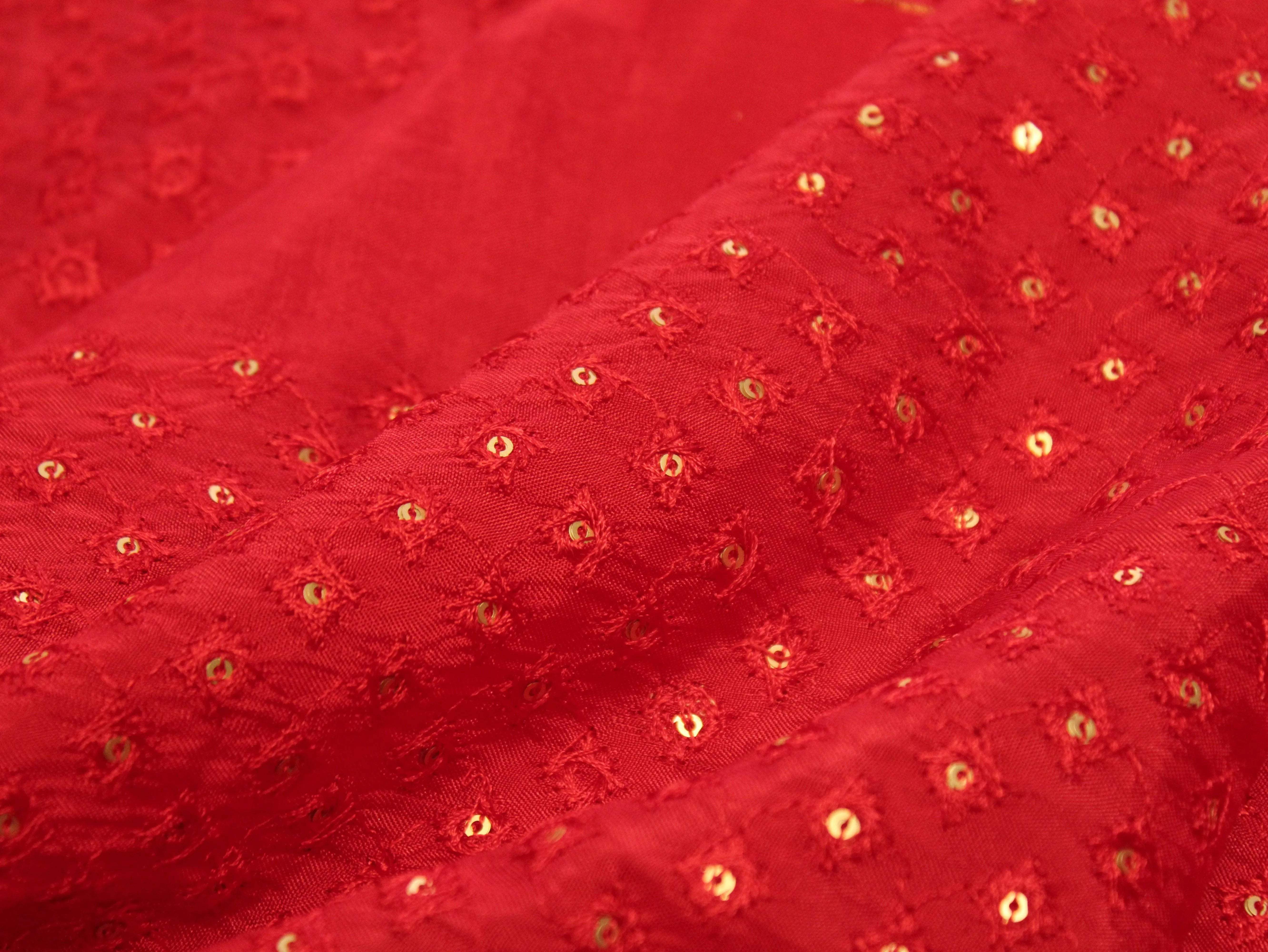 Upada Silk : Micro Thread & Sequin Work Fabric - Red - M'Foks