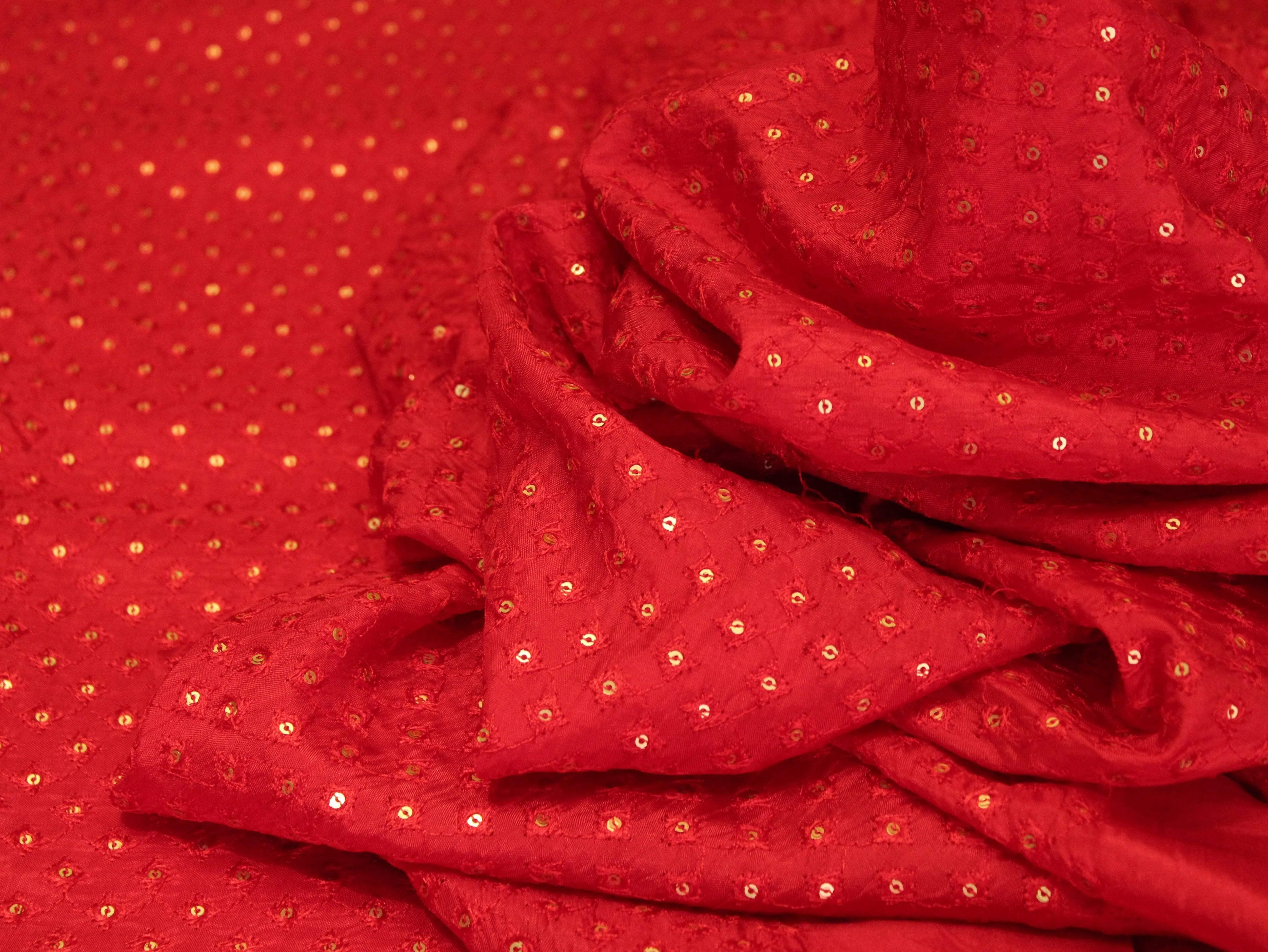 Upada Silk Thread & Sequin Work Fabric - Red