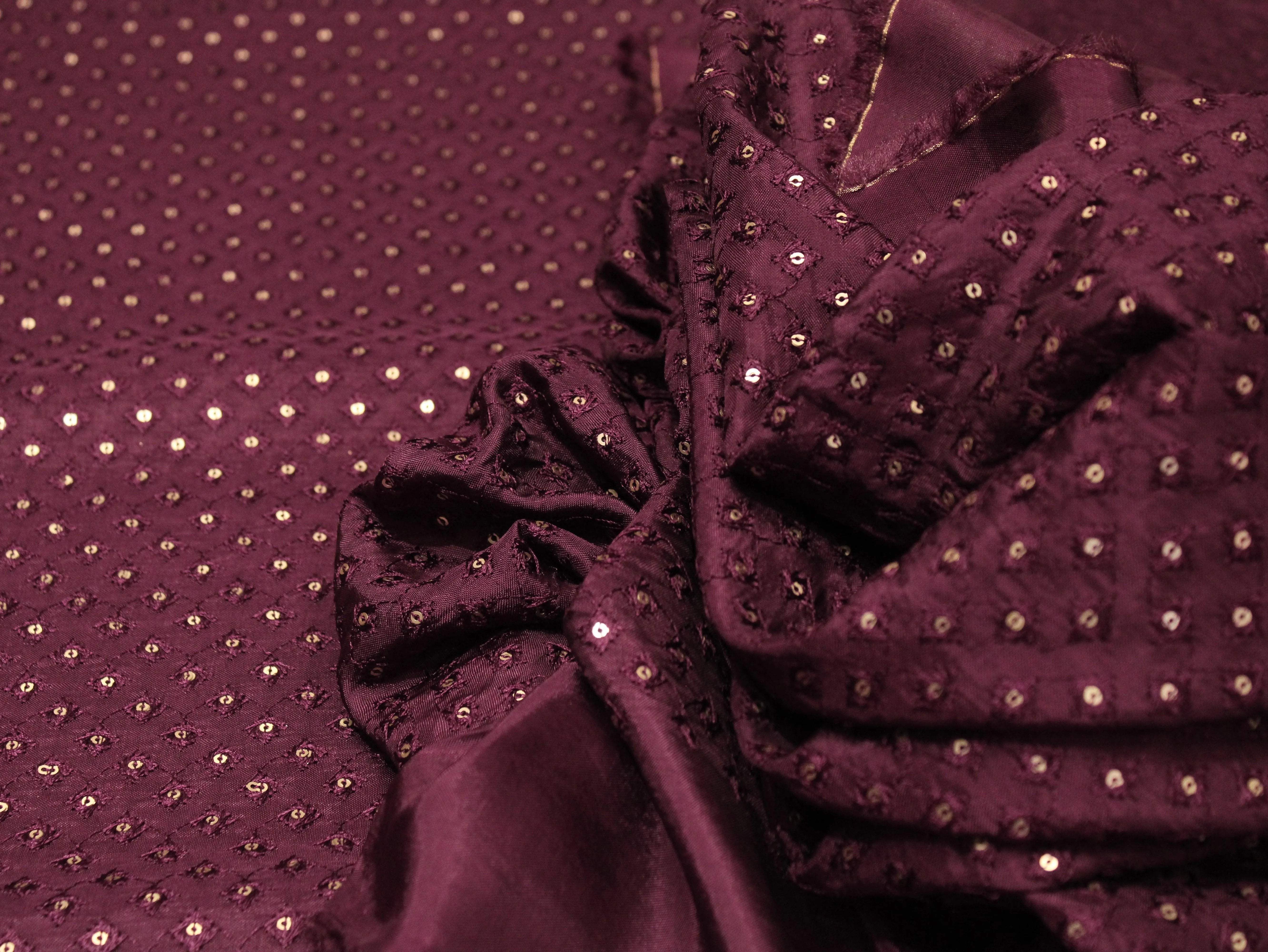 Upada Silk : Micro Thread & Sequin Work Fabric - Wine - M'Foks