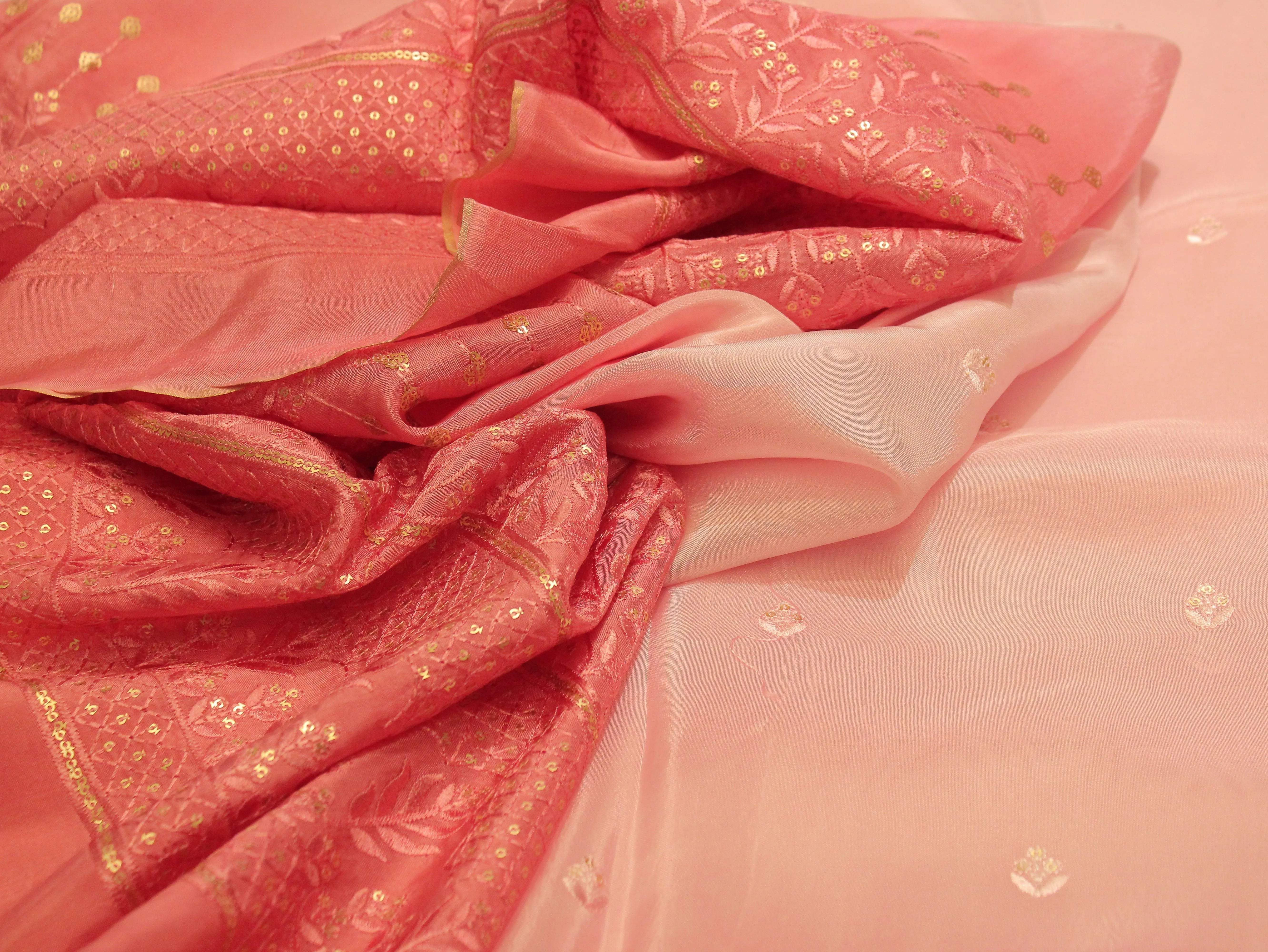 Upada Silk : Shaded Micro Thread & Sequin Work Fabric - Pink & Onion - M'Foks