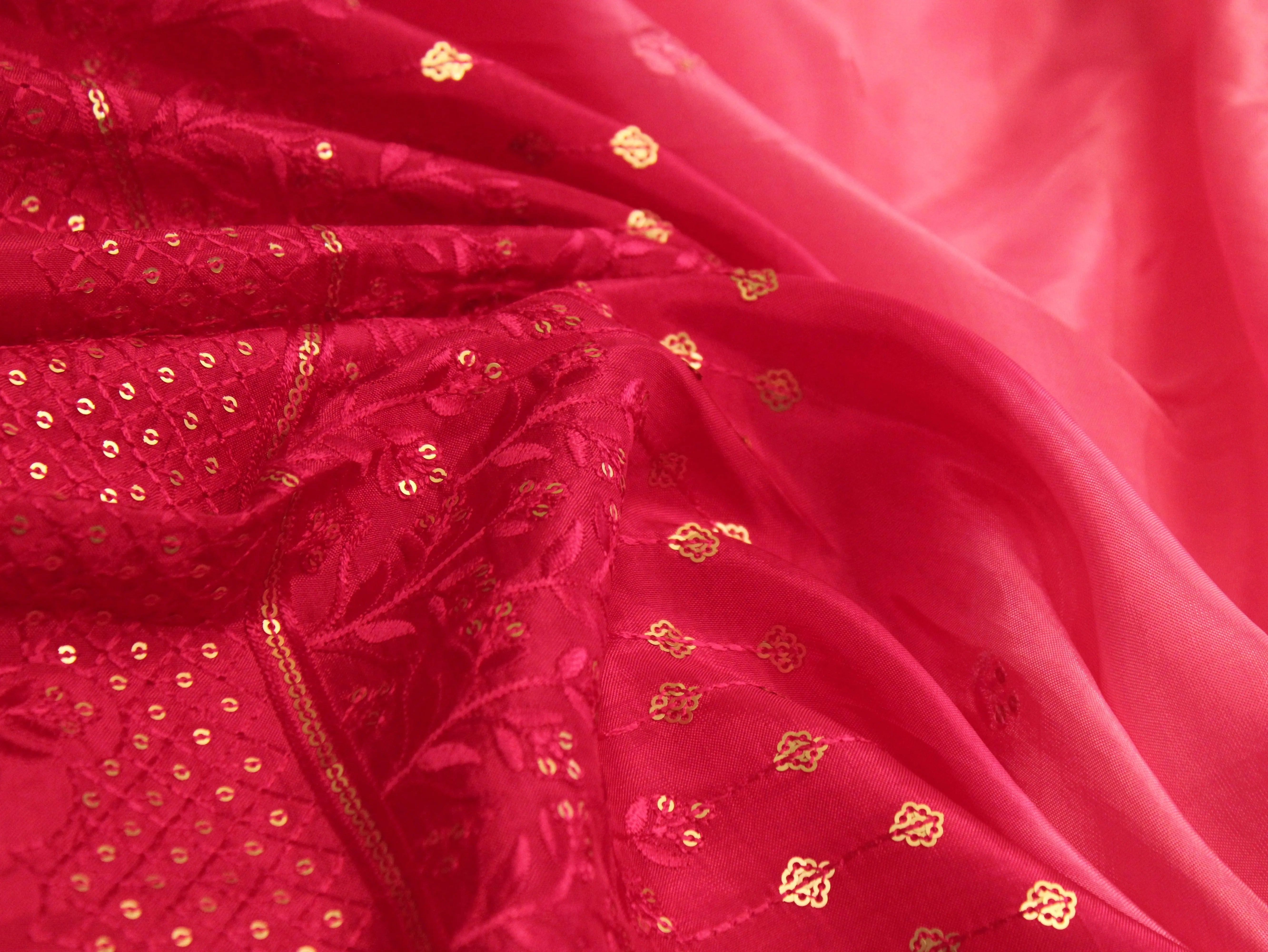 Upada Silk : Shaded Micro Thread & Sequin Work Fabric - Rani - M'Foks
