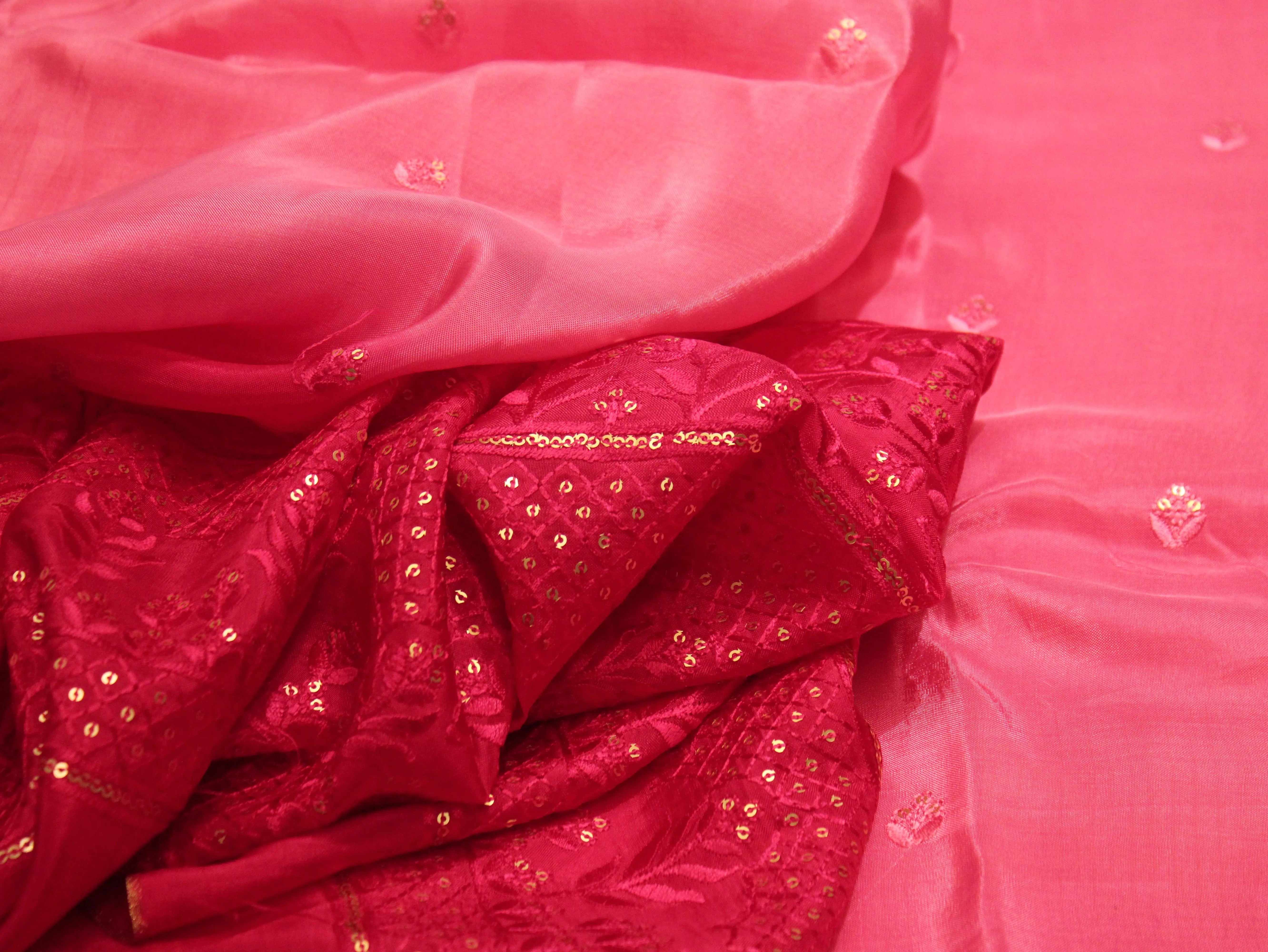 Upada Silk : Shaded Micro Thread & Sequin Work Fabric - Rani - M'Foks