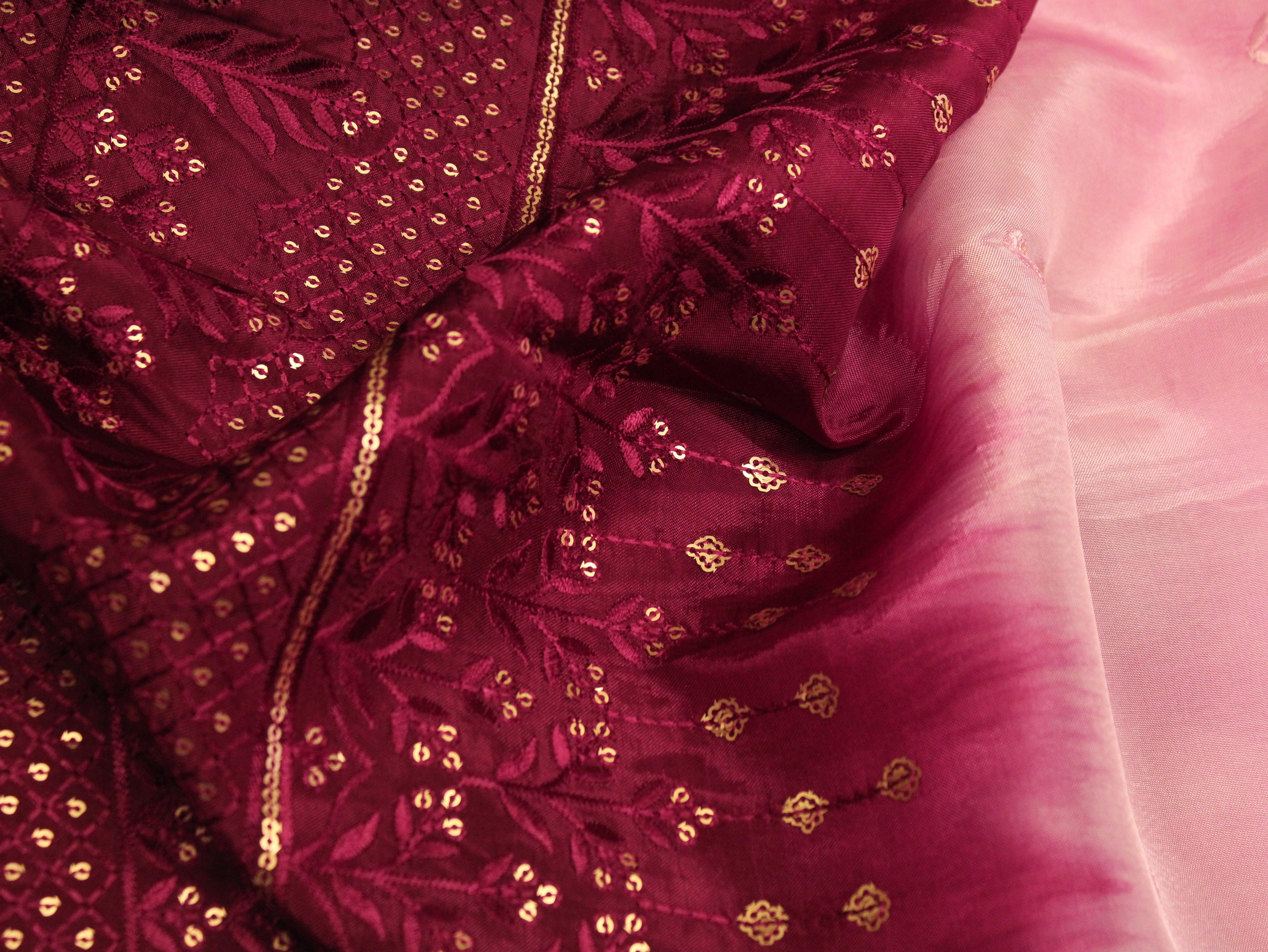 Upada Silk : Shaded Micro Thread & Sequin Work Fabric - Wine & Pink - M'Foks