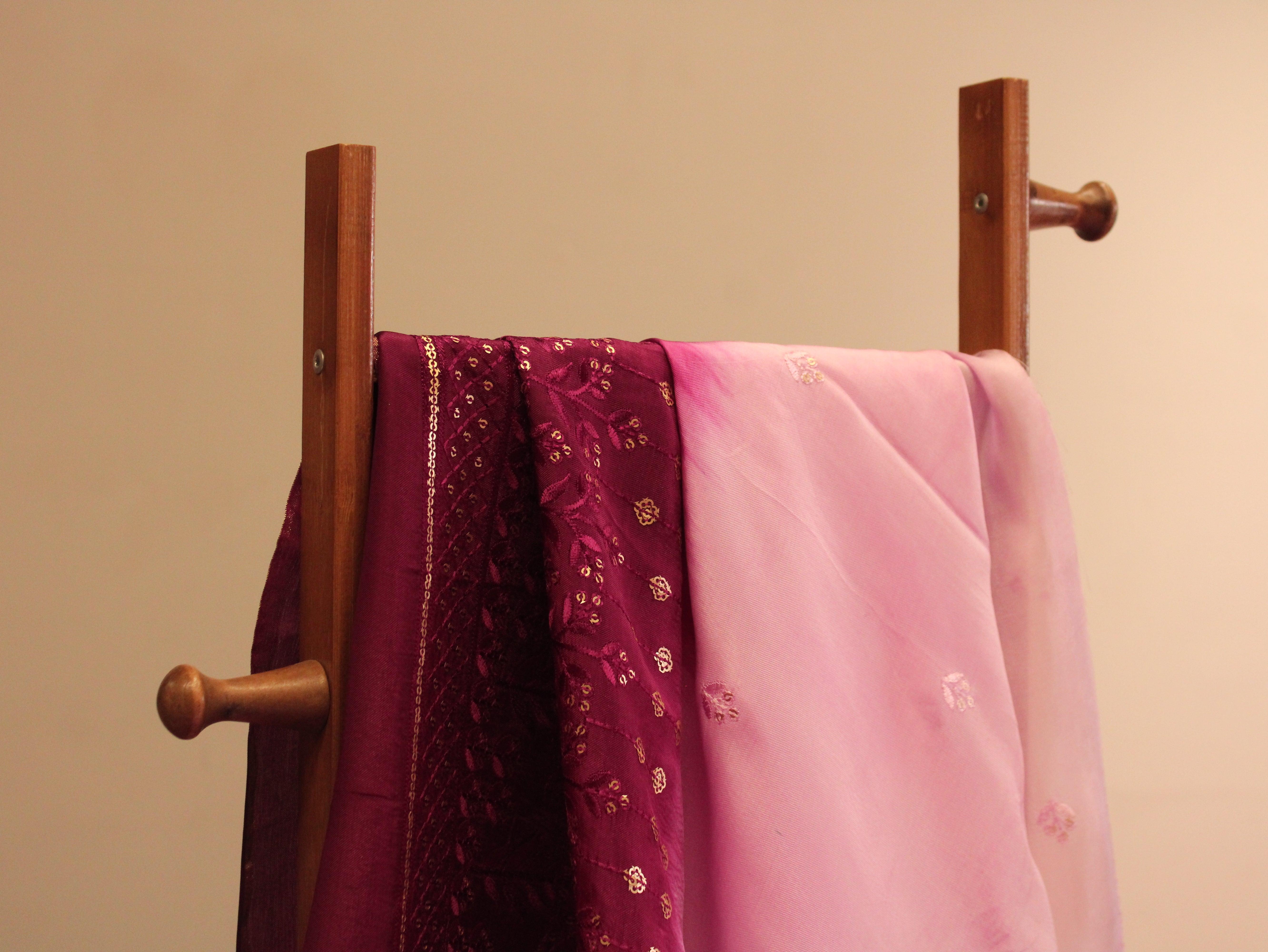 Upada Silk : Shaded Micro Thread & Sequin Work Fabric - Wine & Pink - M'Foks