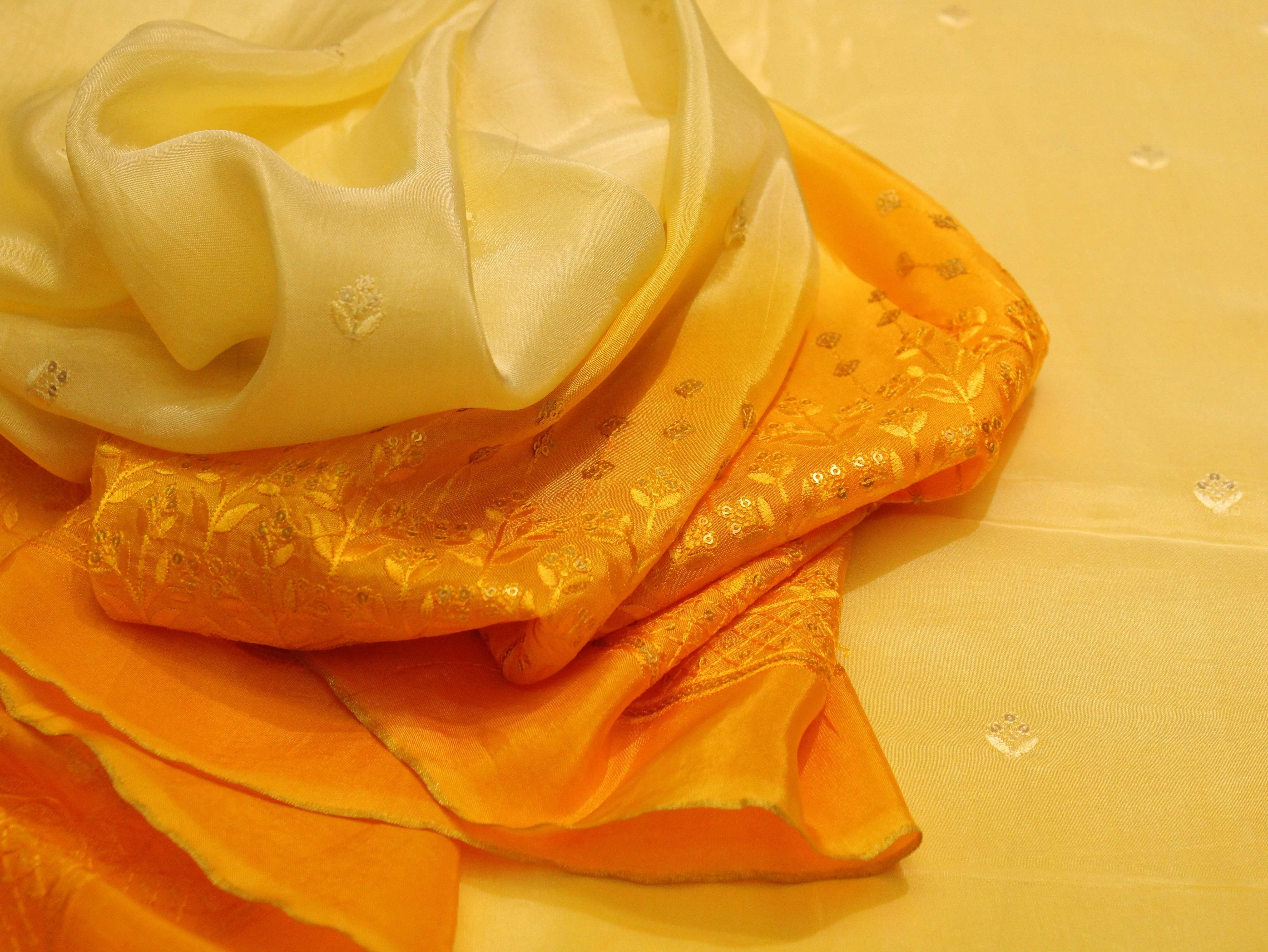 Upada Silk : Shaded Micro Thread & Sequin Work Fabric - Yellow - M'Foks