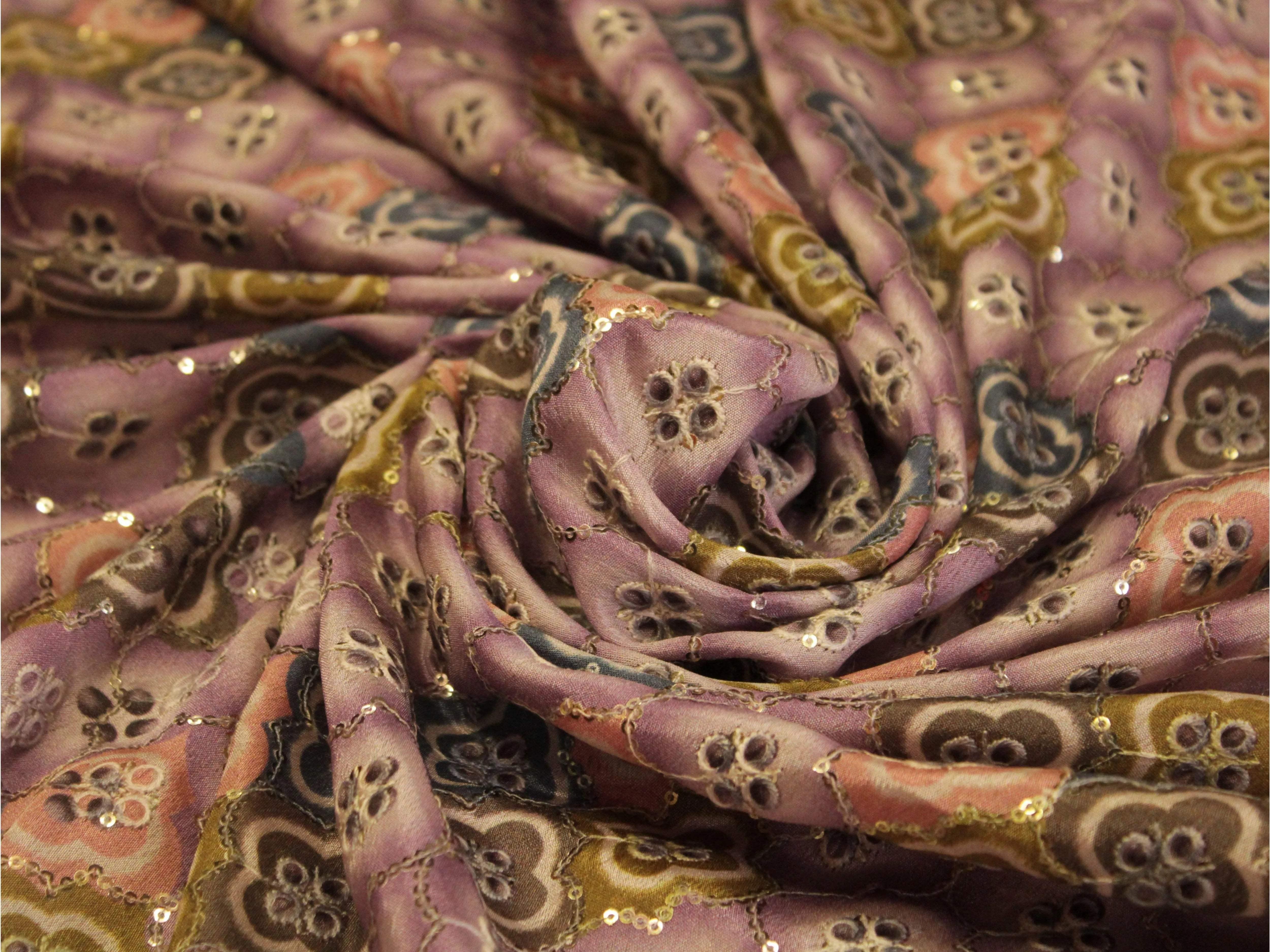 Digital print chinon silk fabric in multicolor floral pattern with sequin accents