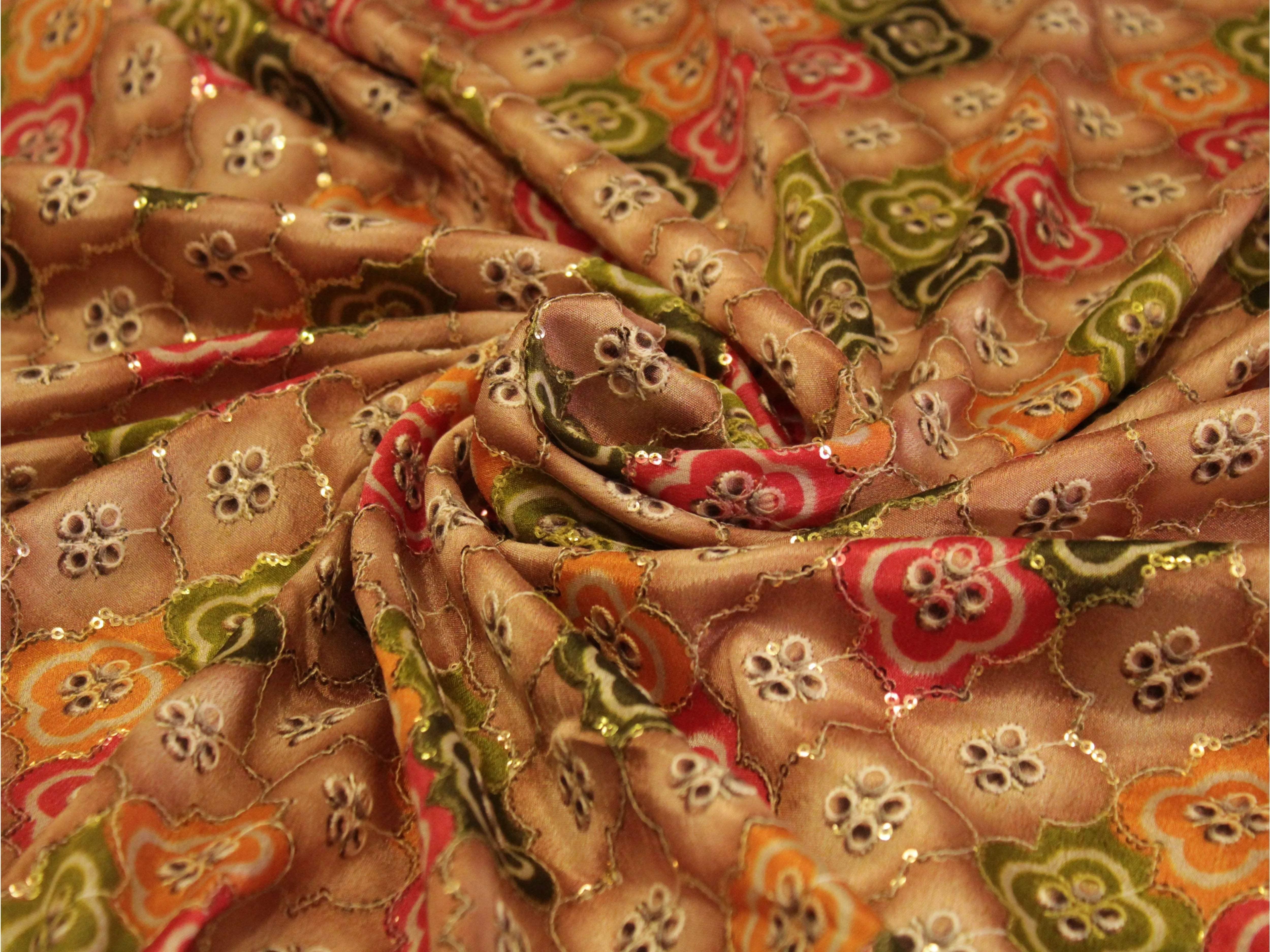 Colorful digital Chinon silk fabric with floral embroidery and gold sequin details
