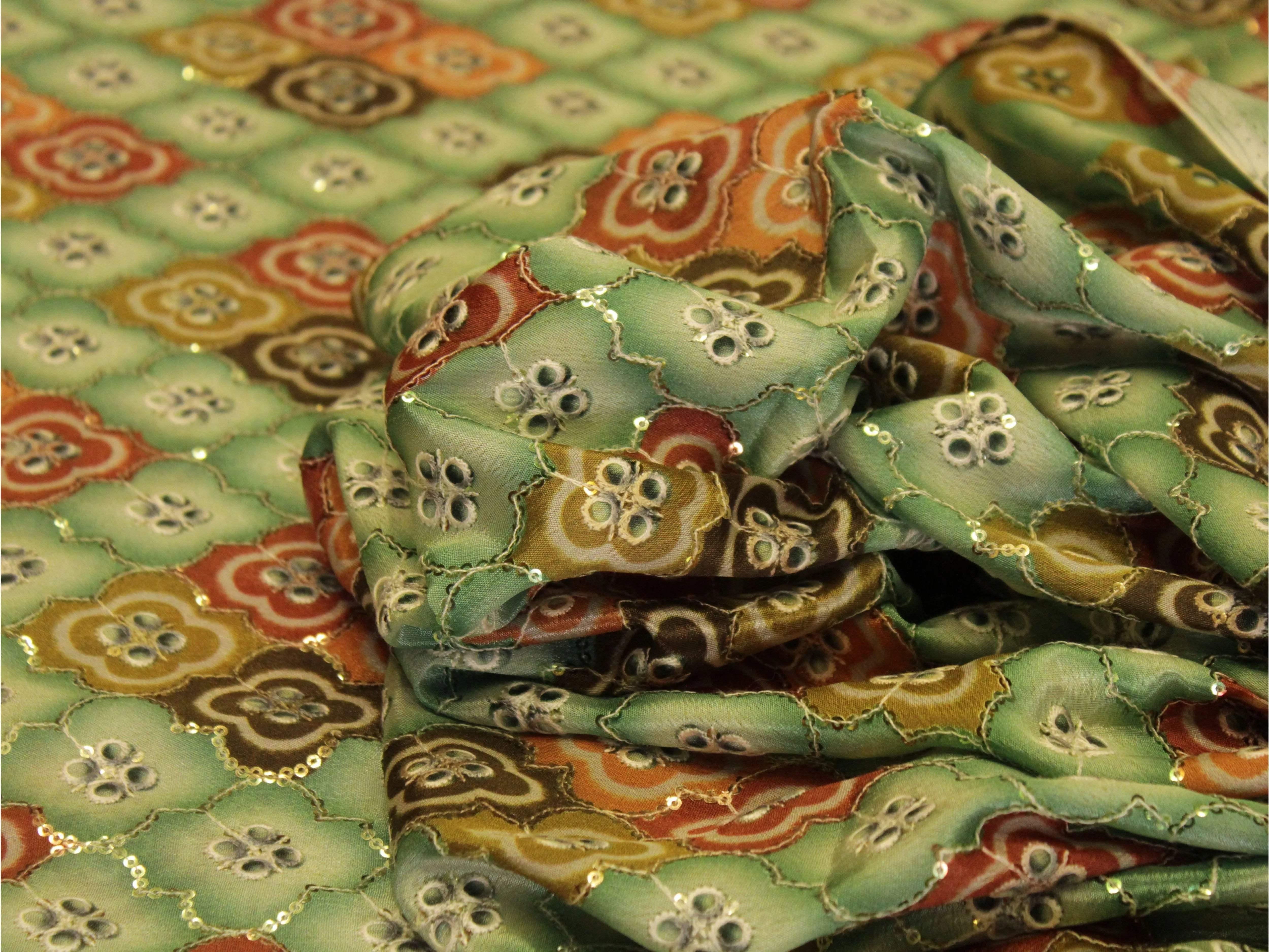 Digital chinon silk fabric with floral multicolor pattern and sequin detailing