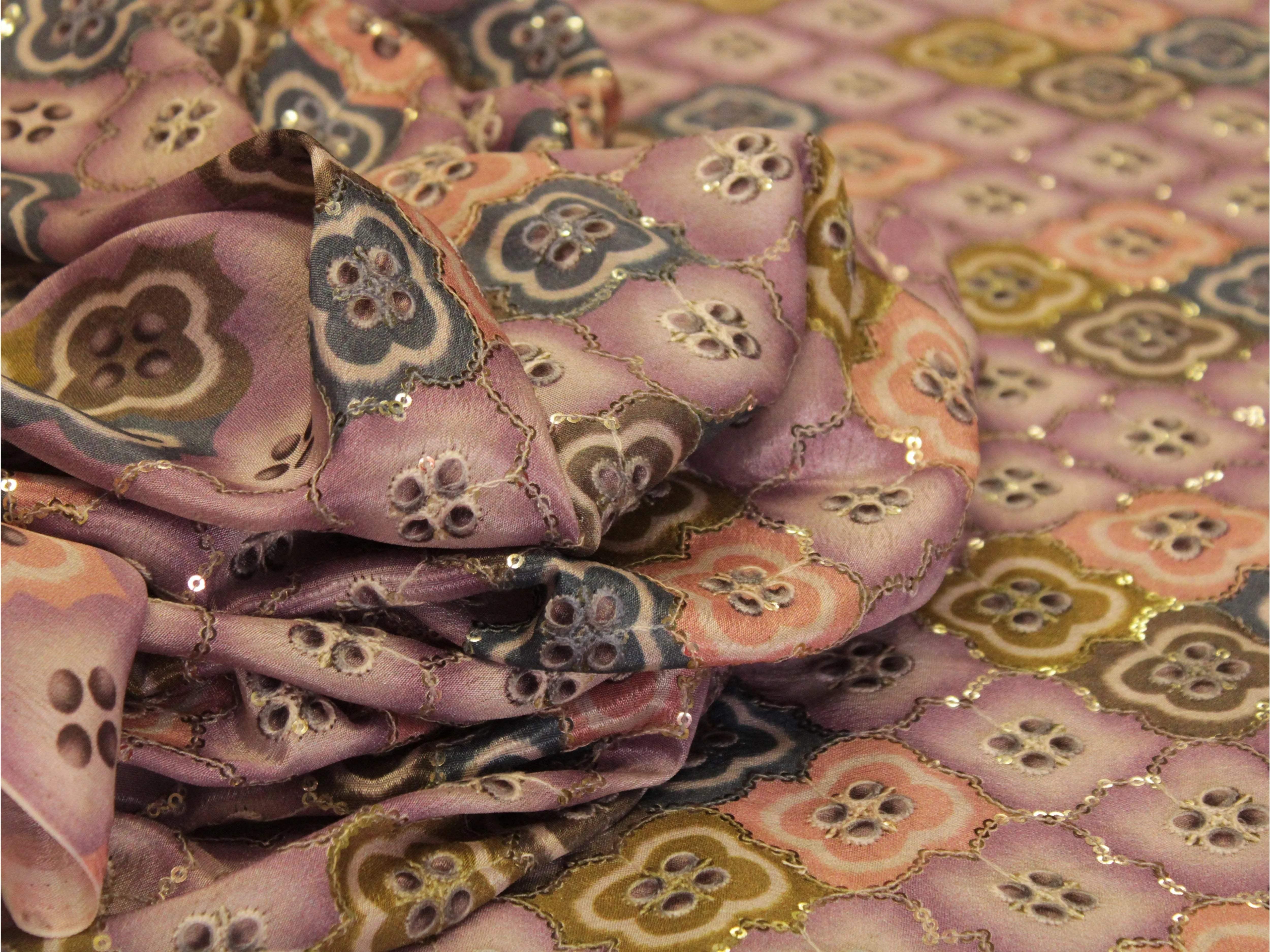 Chinon silk fabric with vibrant floral geometric pattern and sequin accents