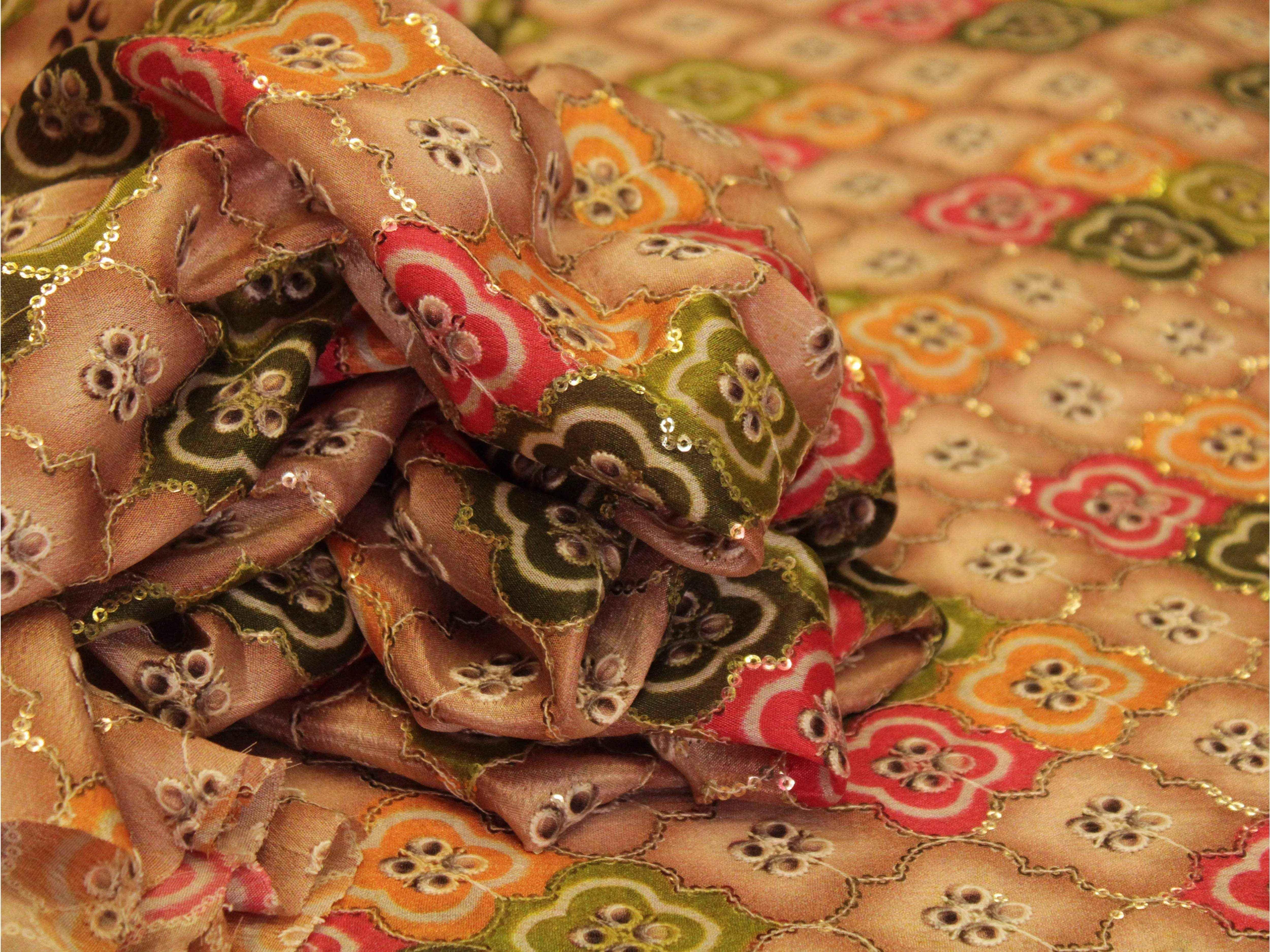 Colorful floral-patterned digital Chinon silk fabric with sequins, perfect for ethnic outfits.