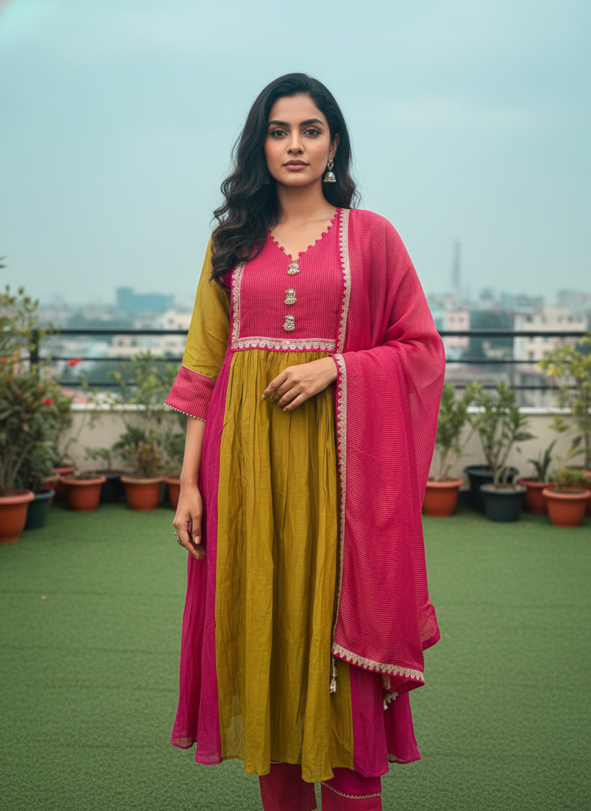 Pure Mal Chanderi Designer Suit Set – Green & Rani A-Line Kurta with Banarasi Dupatta