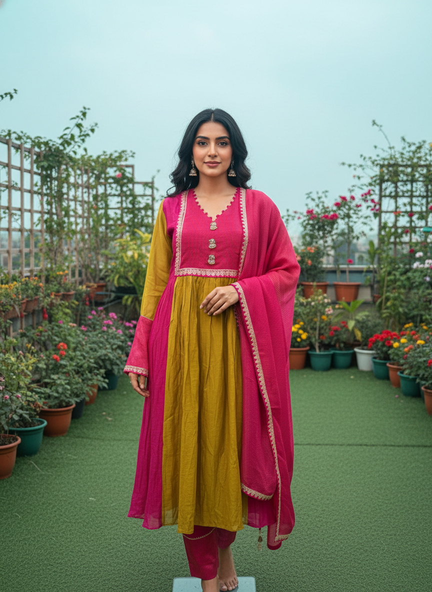 Pure Mal Chanderi Designer Suit Set – Green & Rani A-Line Kurta with Banarasi Dupatta