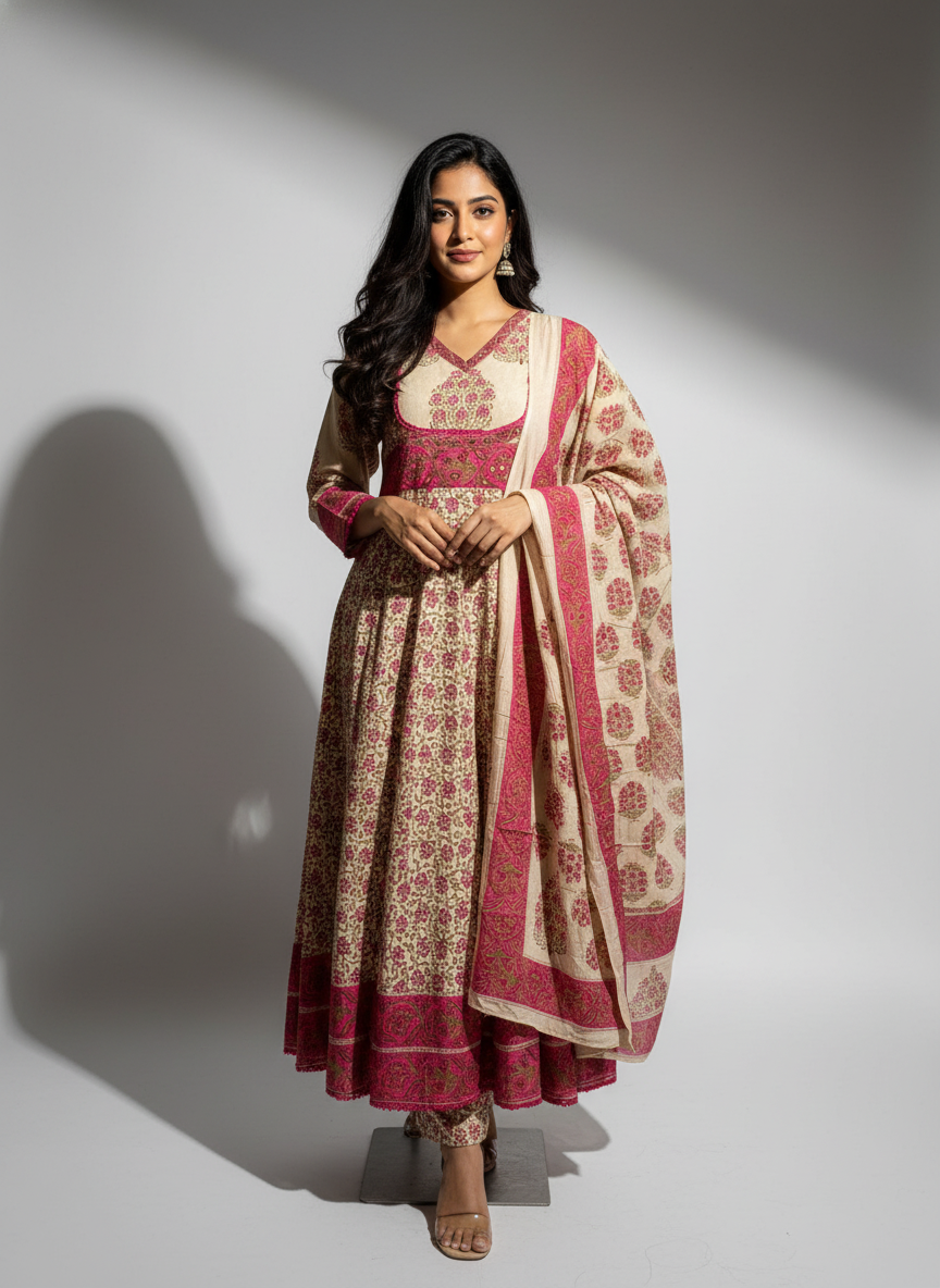 Pure Cotton A-Line Block Print Suit Set with Dupatta – Beige & Deep Pink
