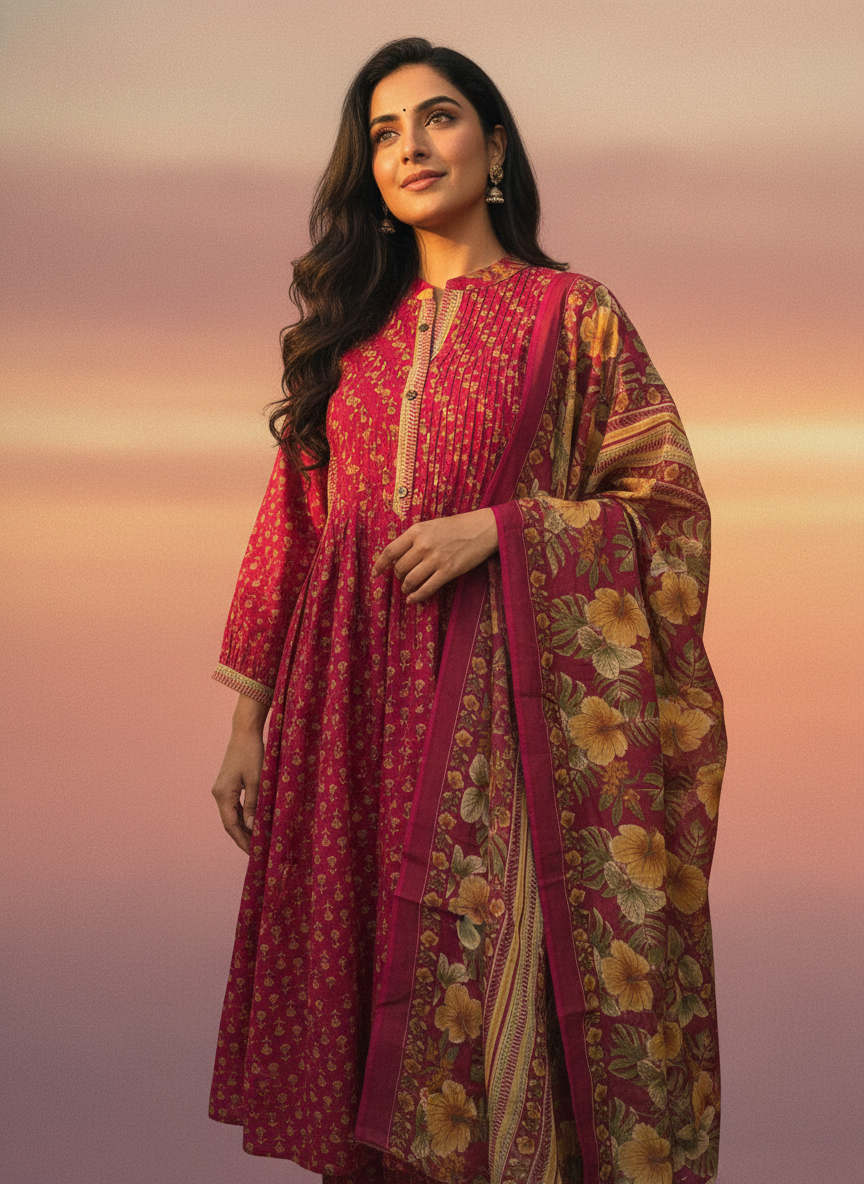 Pure Cotton A-Line Block Print Suit Set with Dupatta – Deep Pink