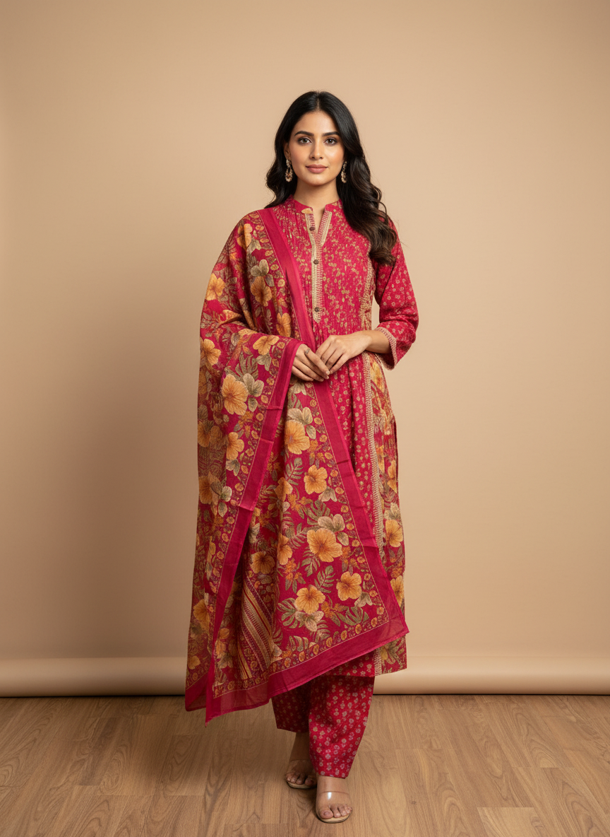 Pure Cotton A-Line Block Print Suit Set with Dupatta – Deep Pink