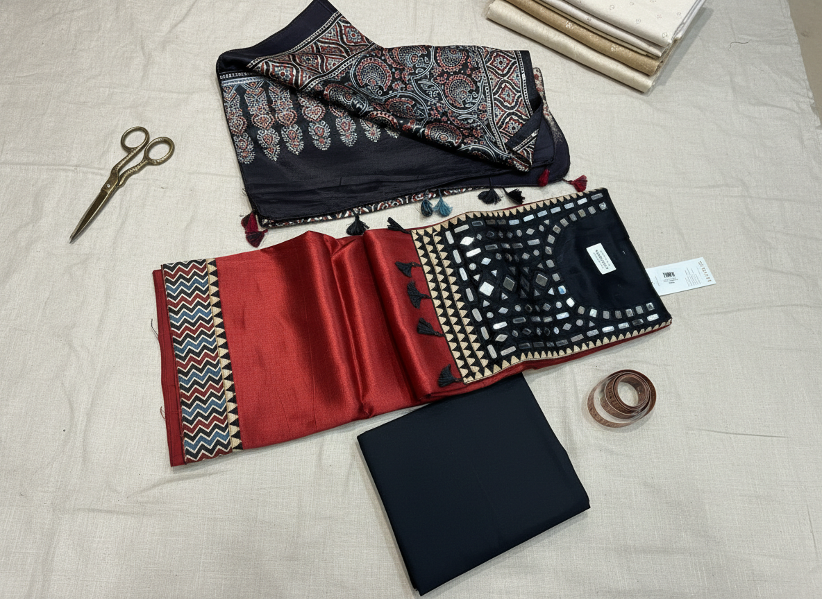 Premium Gaji Silk Unstitched Suit Set with mirror work