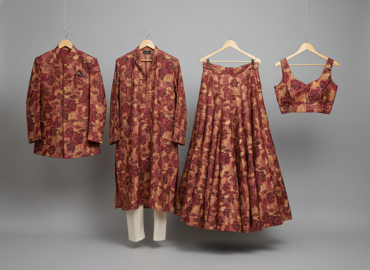 Dola Silk Position & Cording Work Fabric — Wine & Gold | Abstract Tree & Floral | Gold Zari | 44 Inch | Per Metre